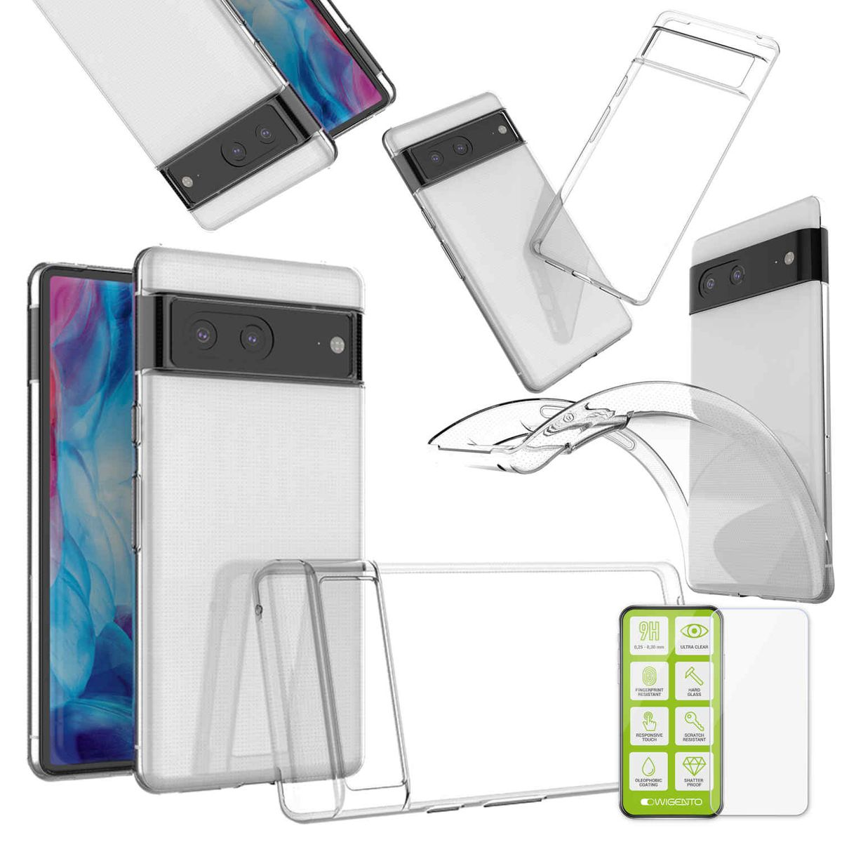 WIGENTO Produktset Silikon Hülle dünn Hartglas Panzer 7, H9 + Folie, Google, Transparent Pixel Backcover