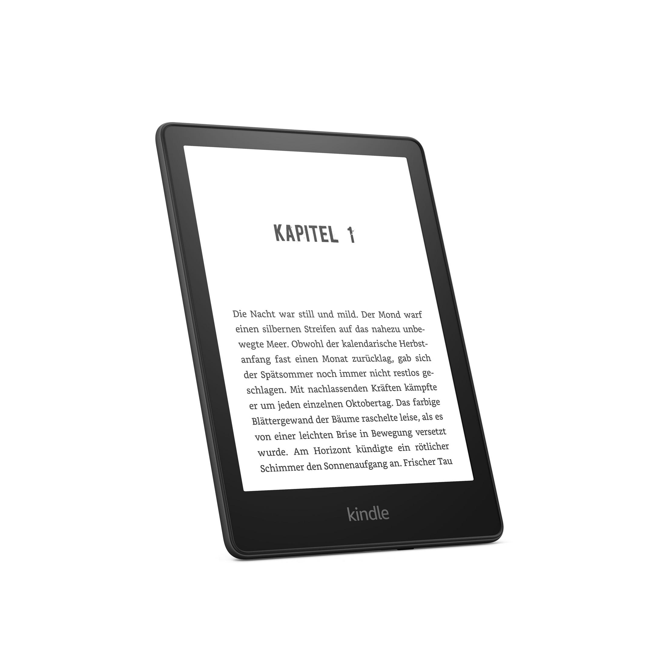 Ein schwarzer Kindle E-Reader, der Text mit dem Titel 'Kapitel 1' anzeigt.