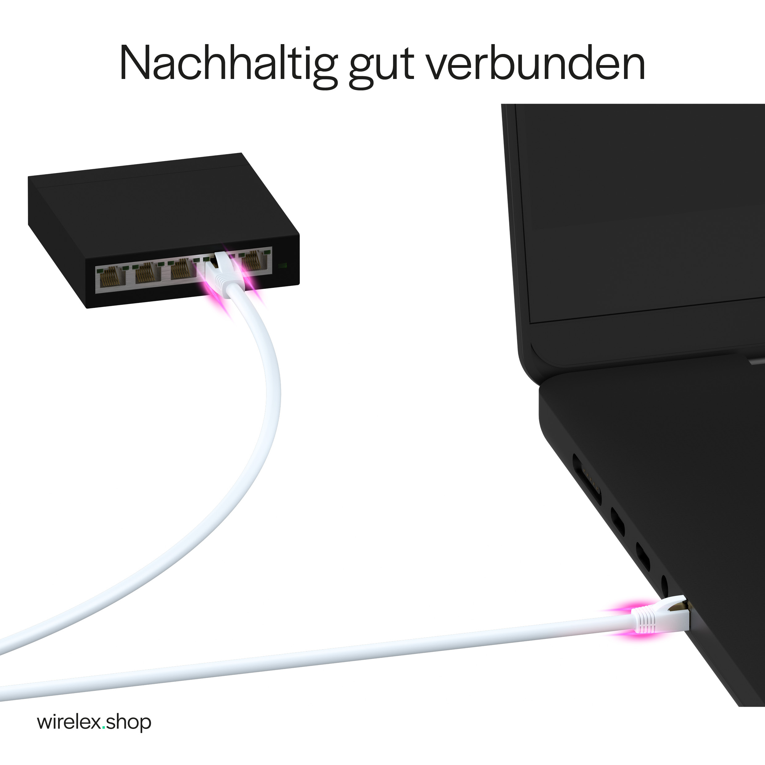 Schwarzer Netzwerk-Switch, der mit weißen Kabeln an einen Laptop angeschlossen ist. Die Verbindungen leuchten pink.