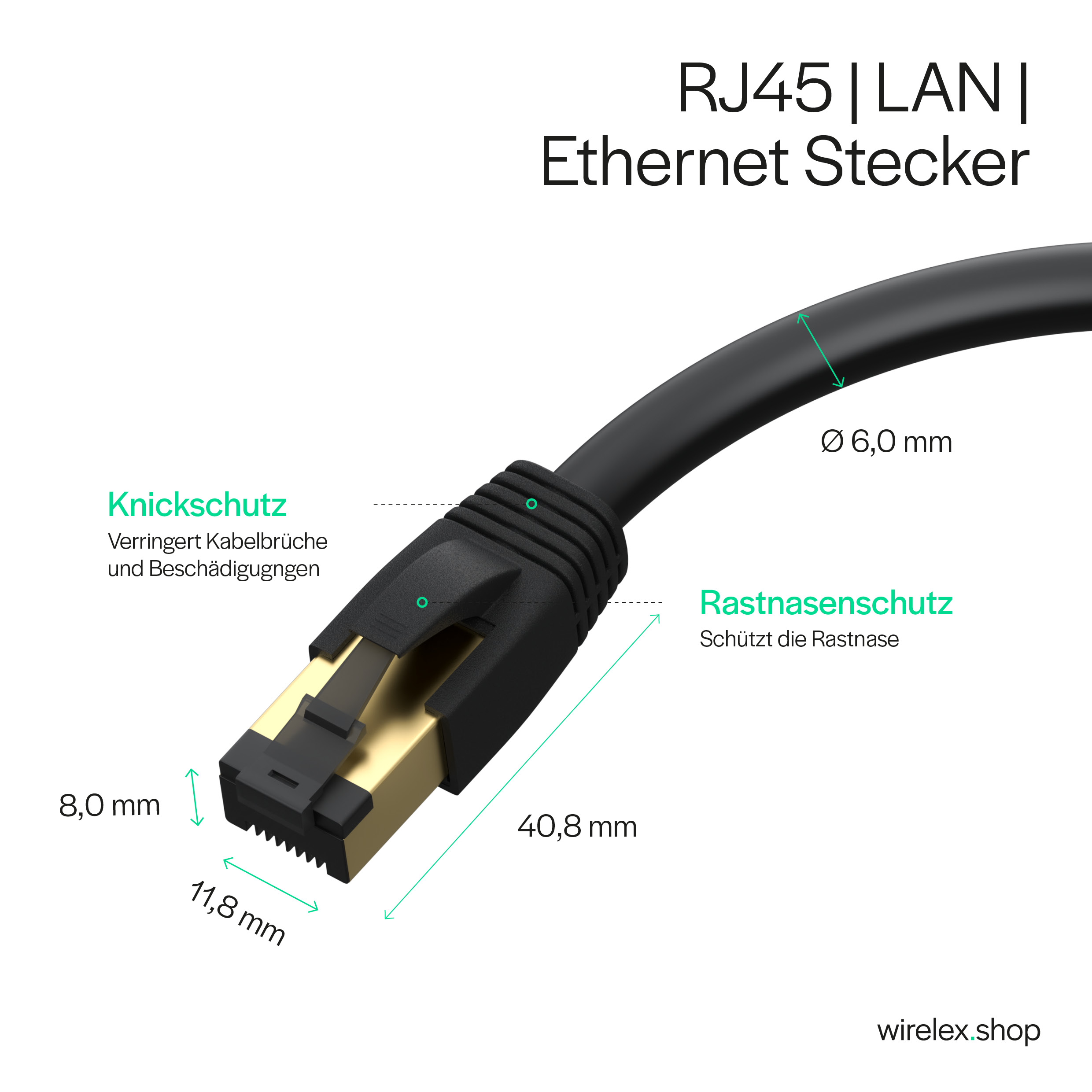 Ein RJ45 LAN Ethernet-Stecker mit Abmessungen und beschrifteten Teilen. Der Stecker ist schwarz und gold.