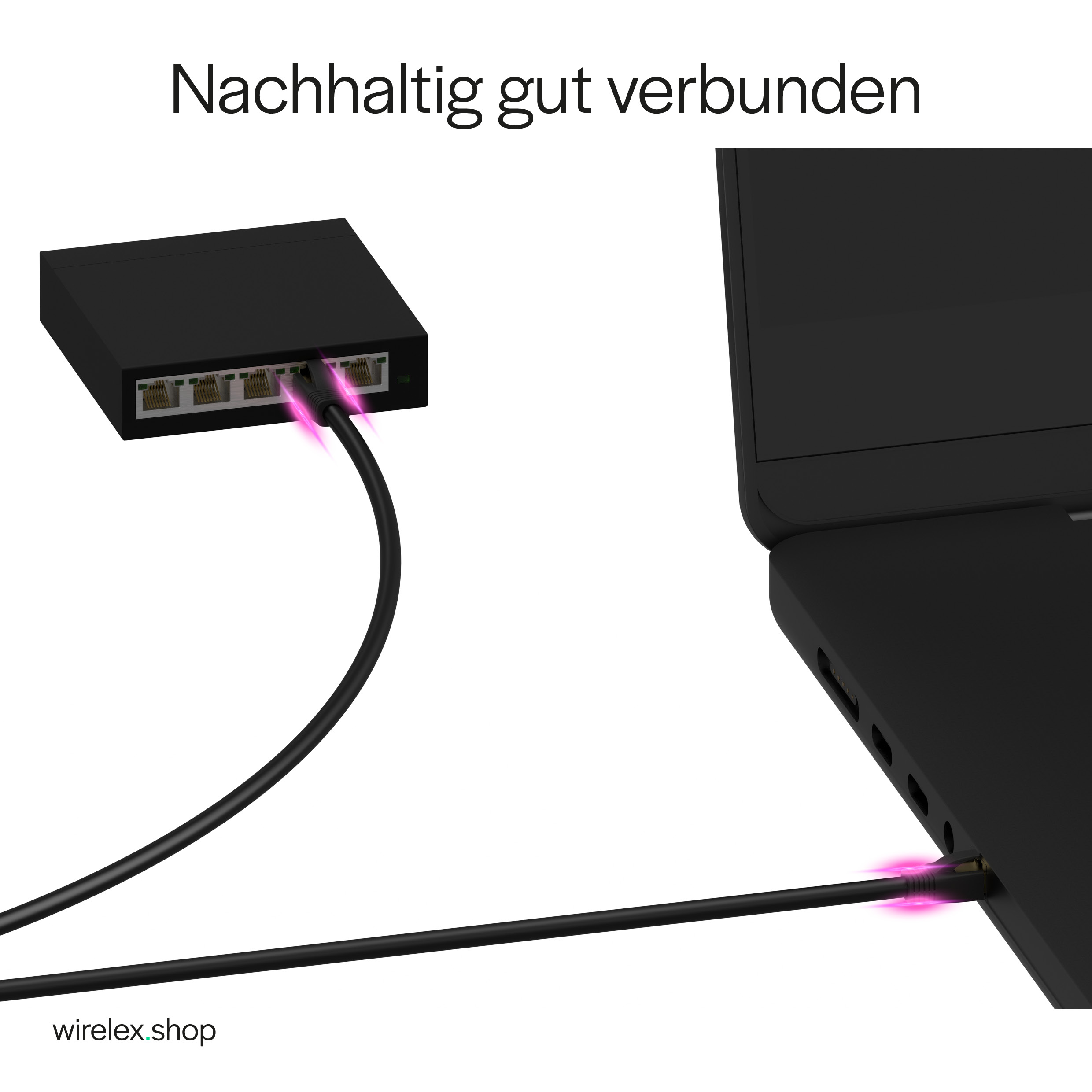 Schwarzer Netzwerk-Hub, der an einen Laptop angeschlossen ist. Rosa Licht geht von den Ports aus.