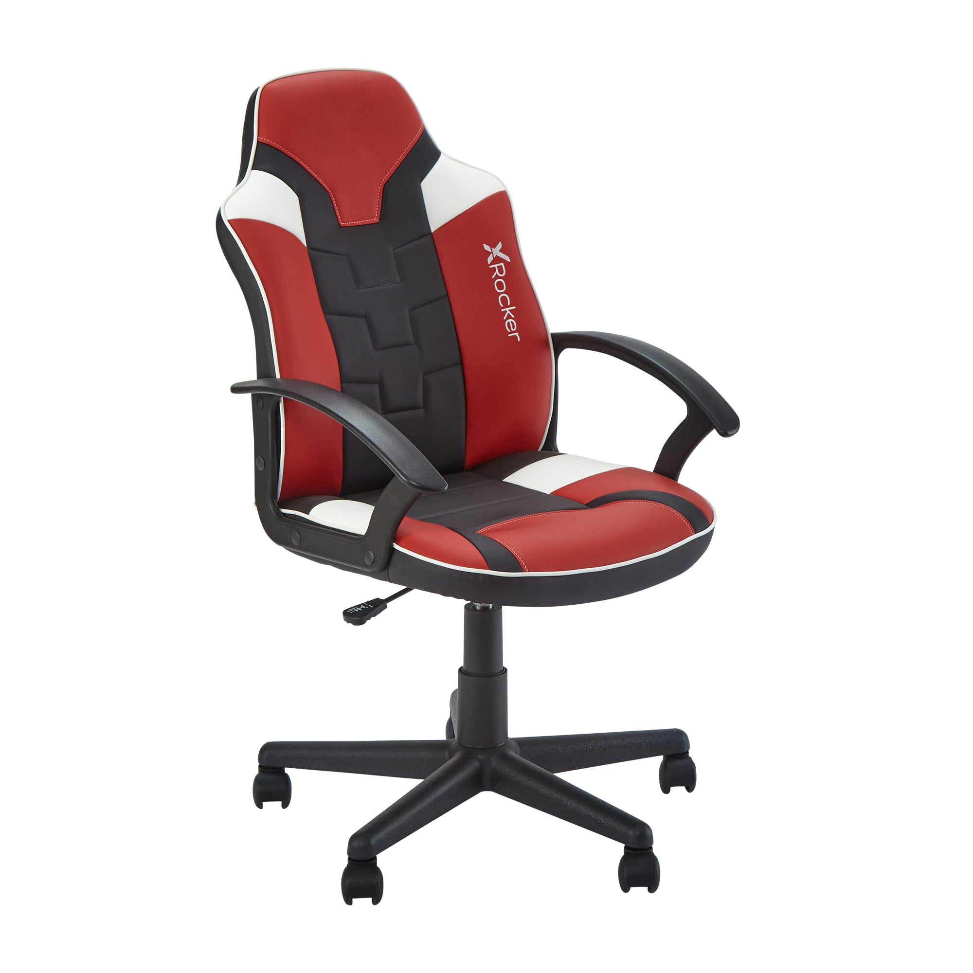 Gaming-Stuhl, rot, schwarz und weiß, mit schwarzem Fuß.