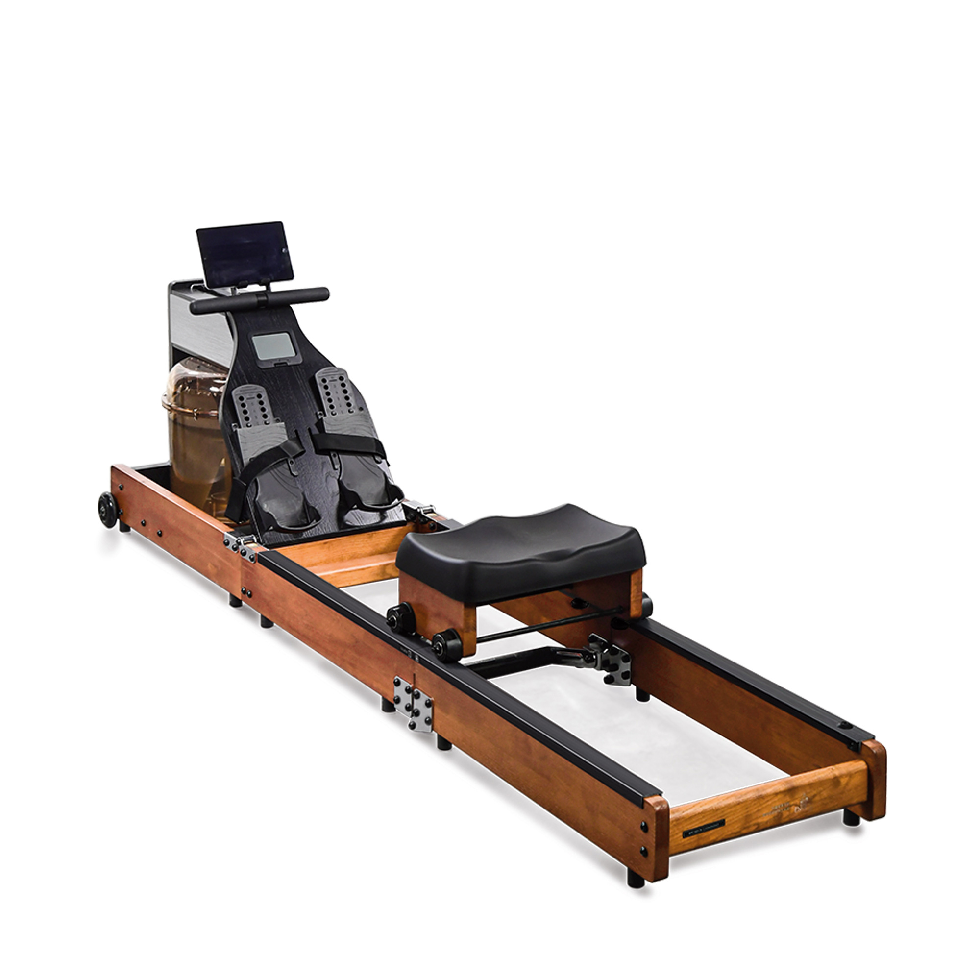 Eine Rudermaschine aus Holz mit Monitor, Sitz und Wassertank. Ein Fitnessgerät.