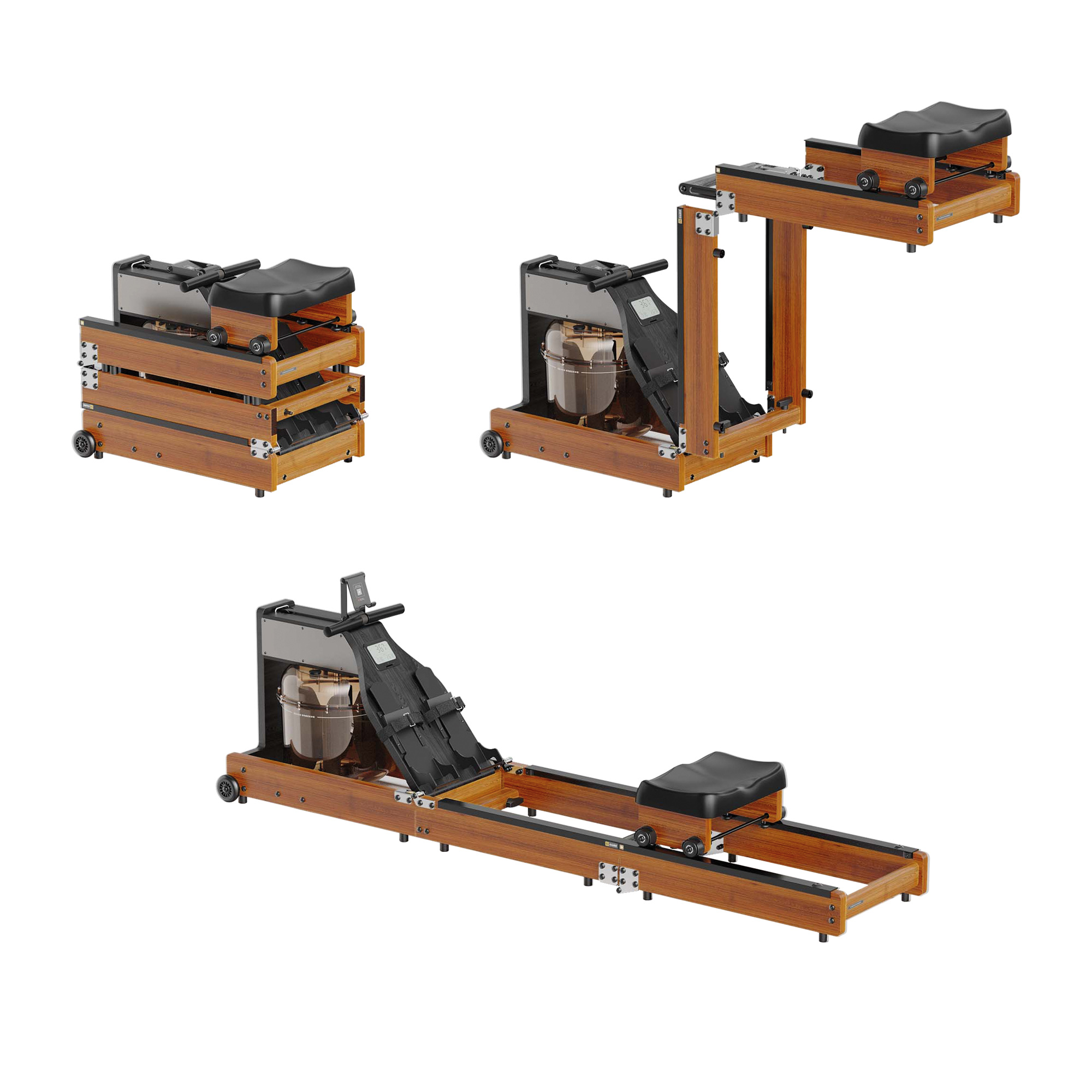 Drei Ansichten einer Rudermaschine aus Holz. Die Maschine hat einen Sitz und Wassertank.