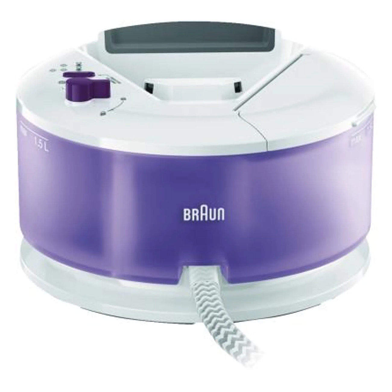 Weißes und lila Dampfbügeleisen, Marke Braun, mit Wasserstandsanzeige und Kabel.