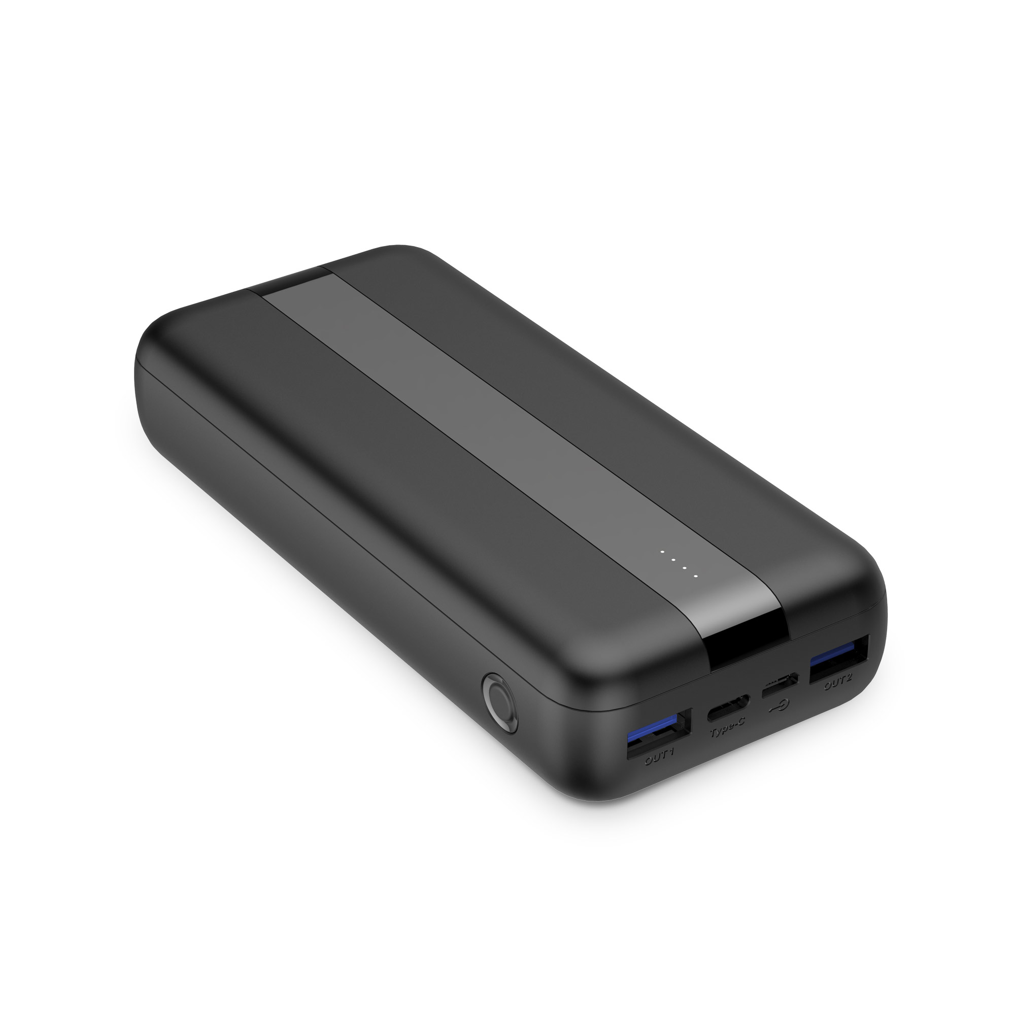 Power bank nero con un design elegante. Ha porte USB e un pulsante di accensione sul lato.