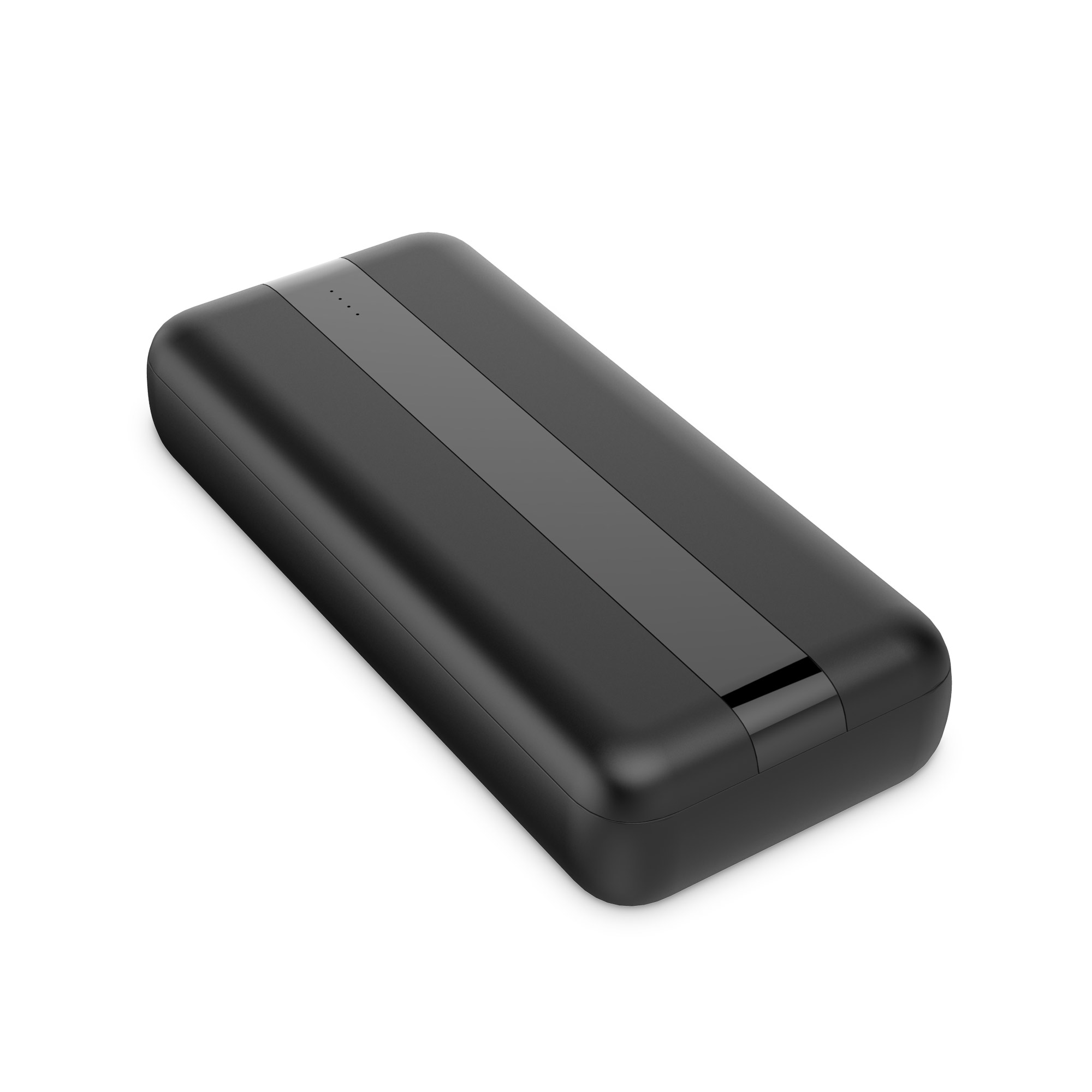 Power bank nera e rettangolare. Ha un design elegante con una striscia grigio scuro.