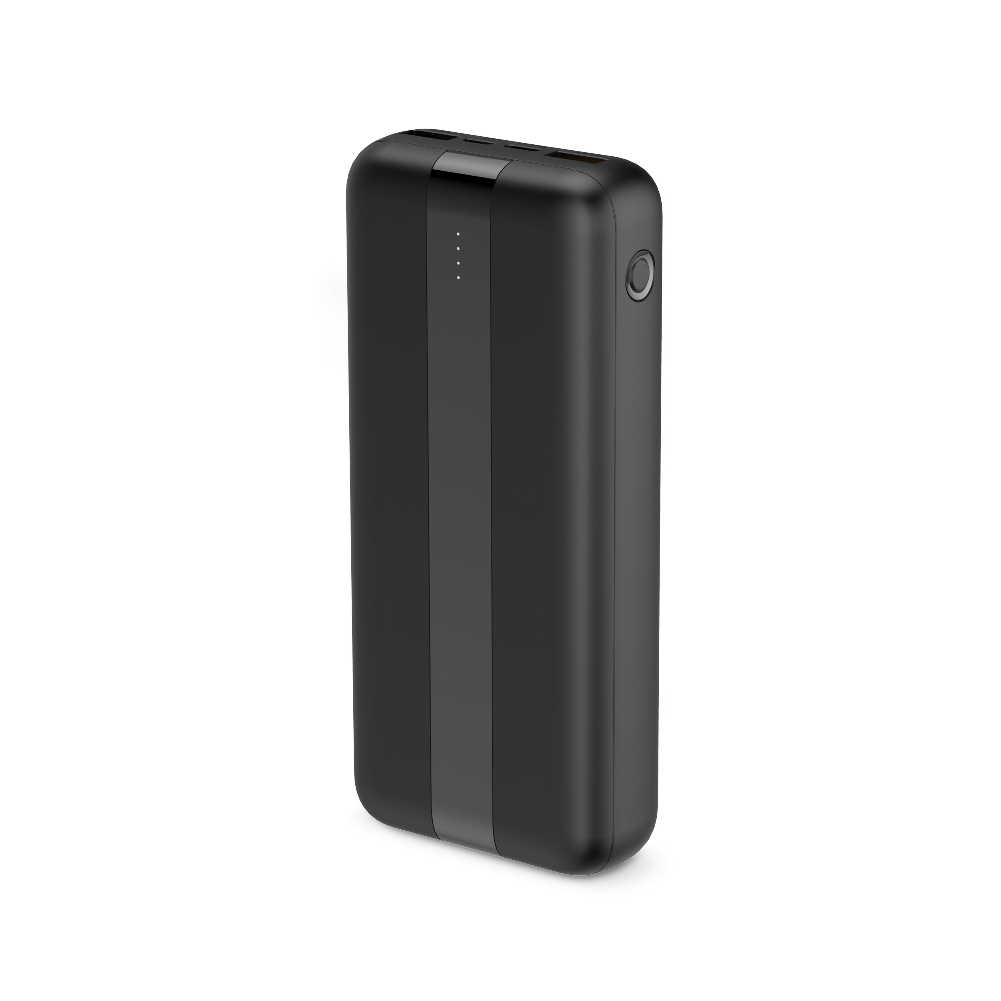Power bank nera con una striscia grigio scuro, tre spie e un pulsante.