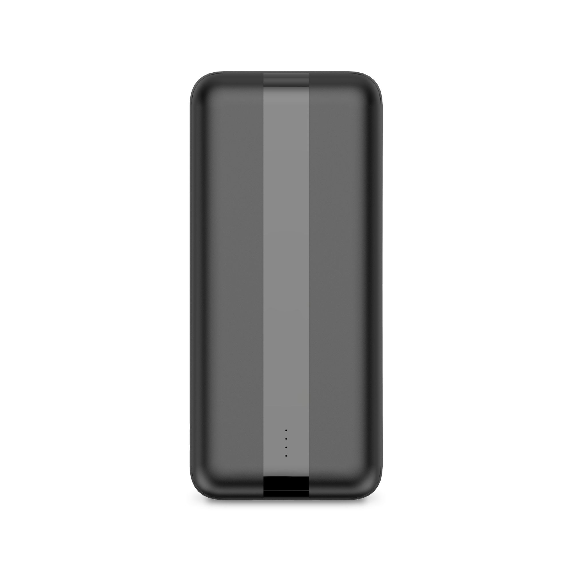 Power bank nero, rettangolare, con una striscia grigio scuro al centro. Piccole luci indicatrici di alimentazione.