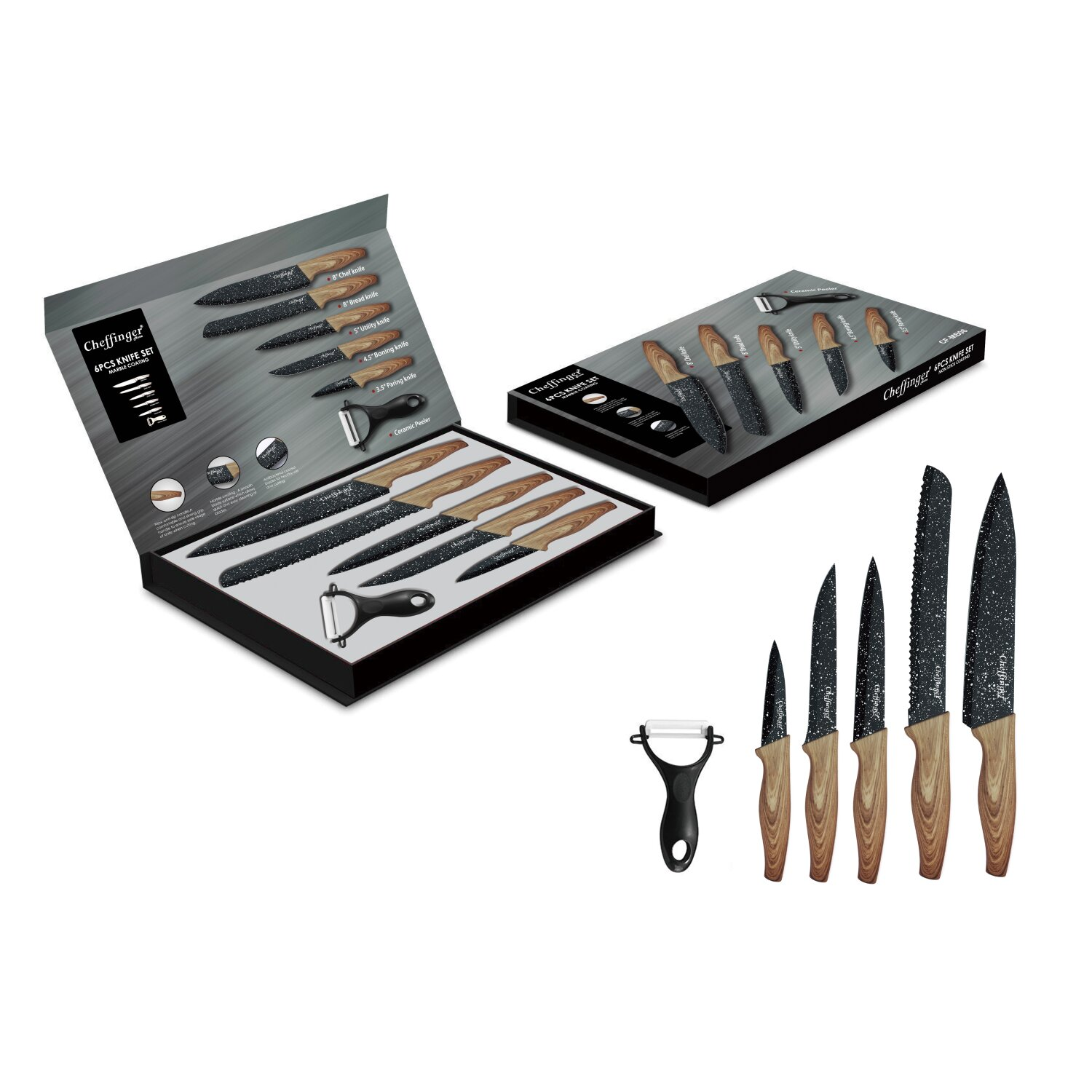 Ein Messerset in einer Box und ein Sparschäler. Messer haben schwarze, gesprenkelte Klingen.
