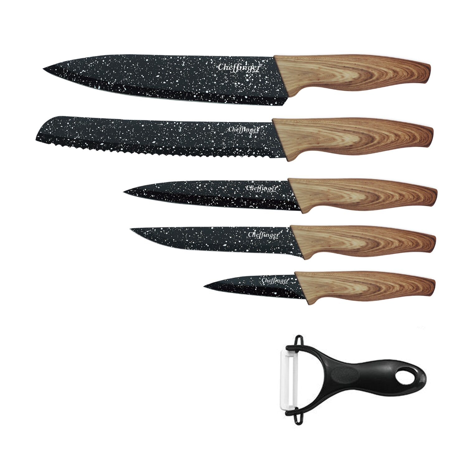 Set von Küchenmessern und einem Sparschäler. Messer haben schwarz gesprenkelte Klingen und Holzgriffe.