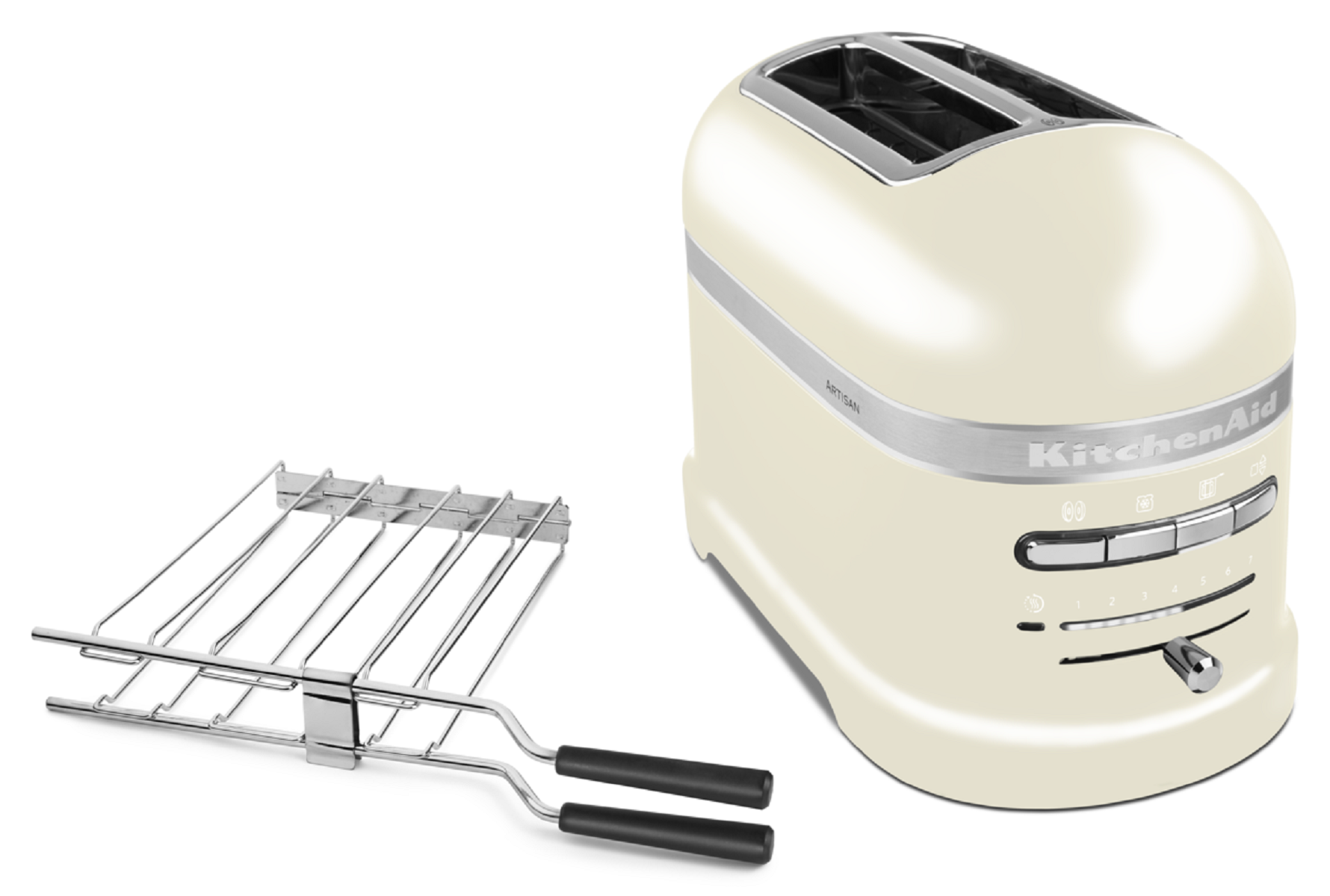 Ein KitchenAid Toaster und ein Toastrost auf weißem Hintergrund.