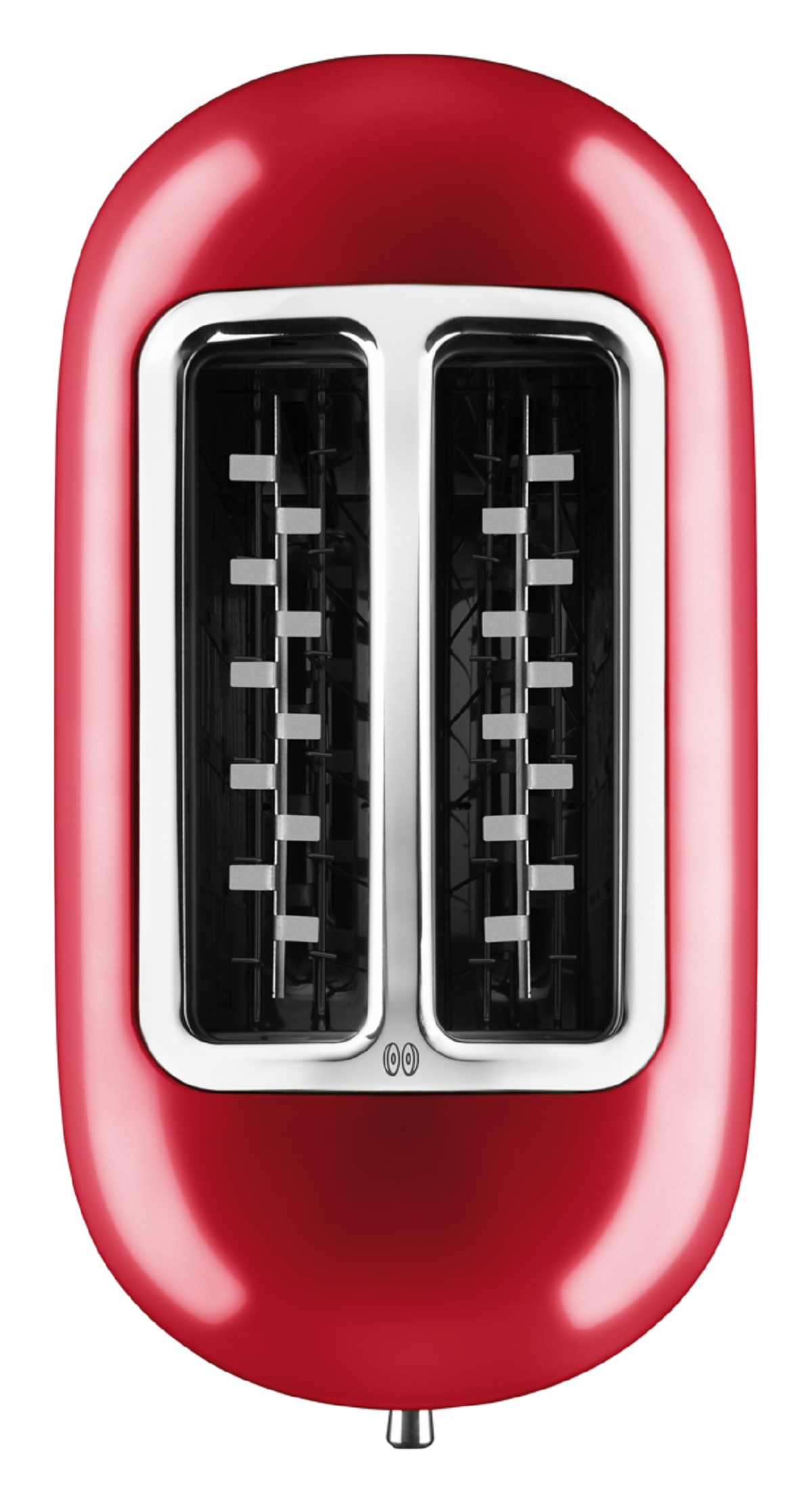 İki yuvalı ve gümüş çerçeveli kırmızı, oval tost makinesi.