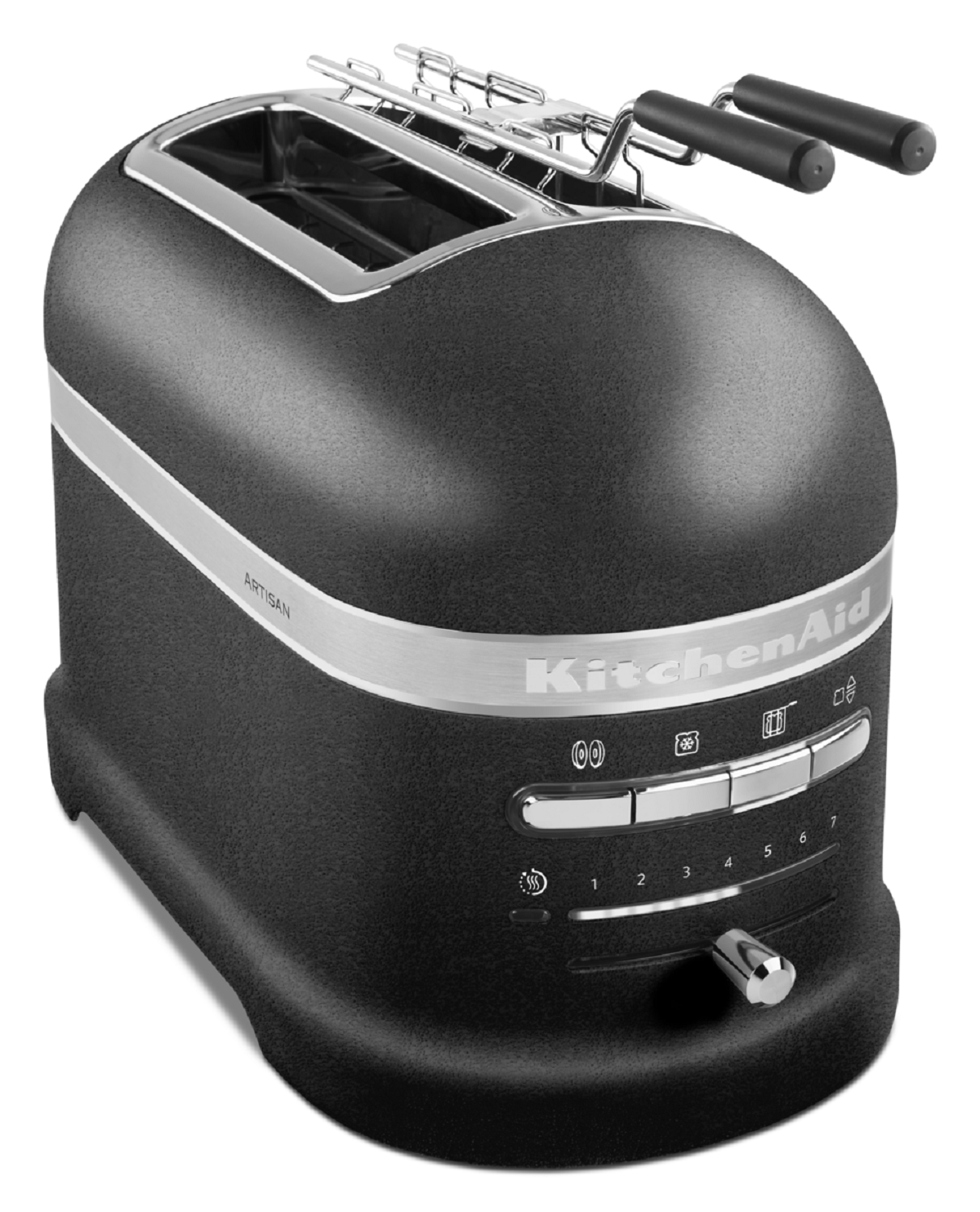 Zwarte KitchenAid broodrooster met knoppen, hendel en zilveren rand.