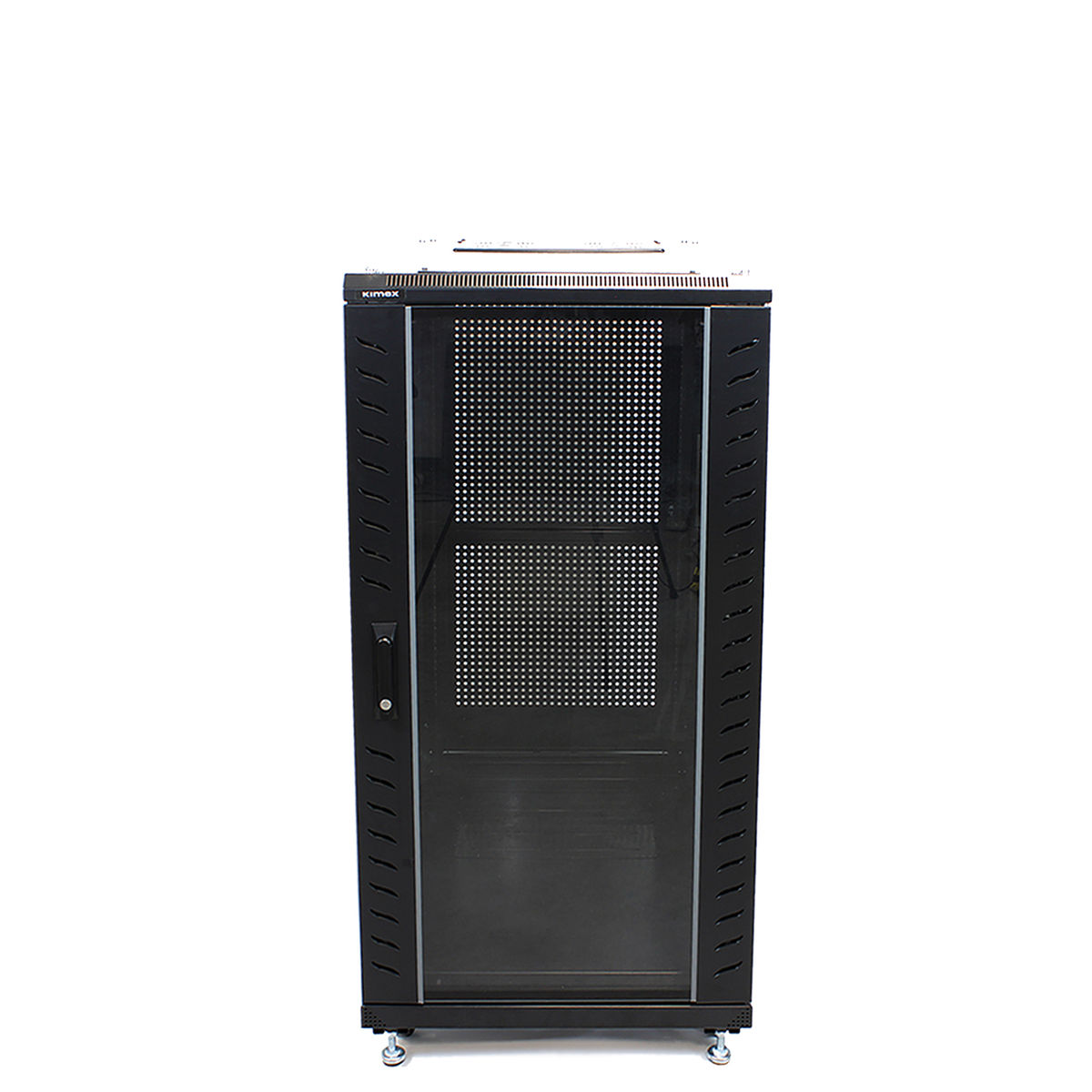 Un rack server nero con una porta trasparente, su sfondo bianco. Il rack è vuoto.