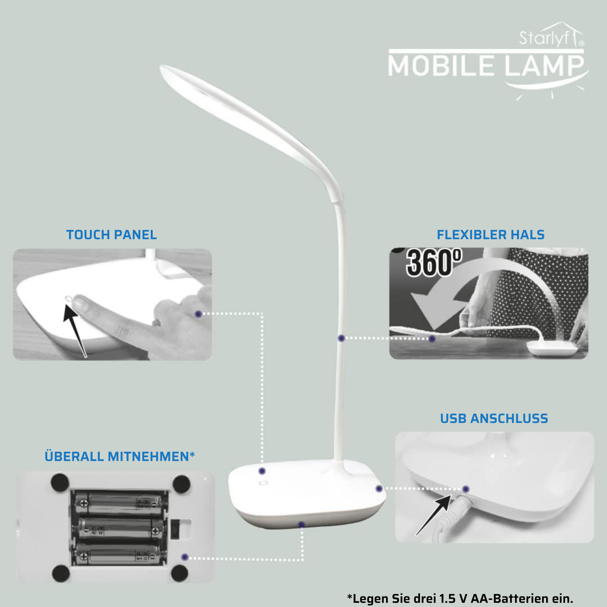 Una lampada da scrivania bianca con pannello a sfioramento, collo flessibile e porta USB. Ha una base con batterie.