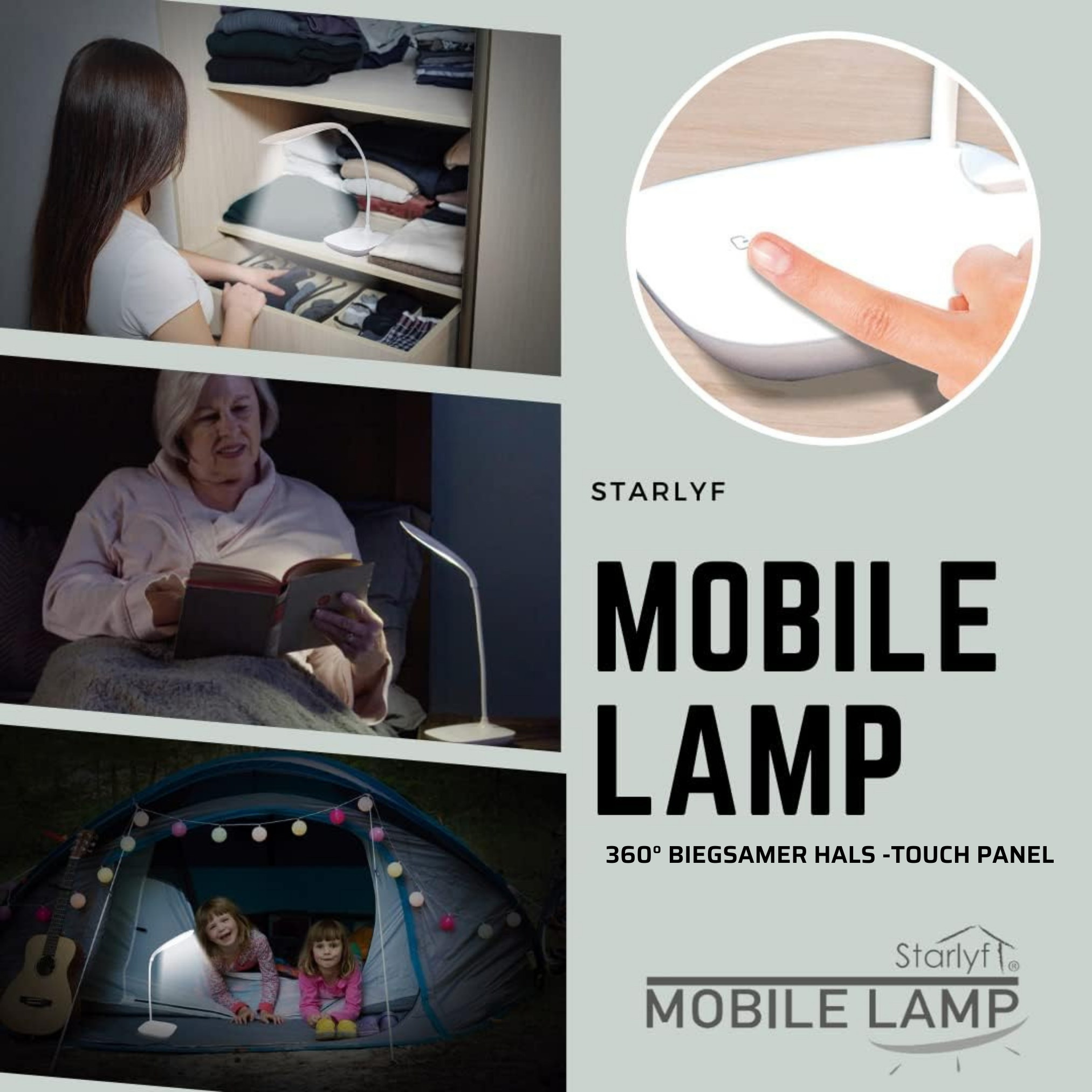 Un collage di una lampada mobile in diverse ambientazioni, insieme al testo sulla lampada.