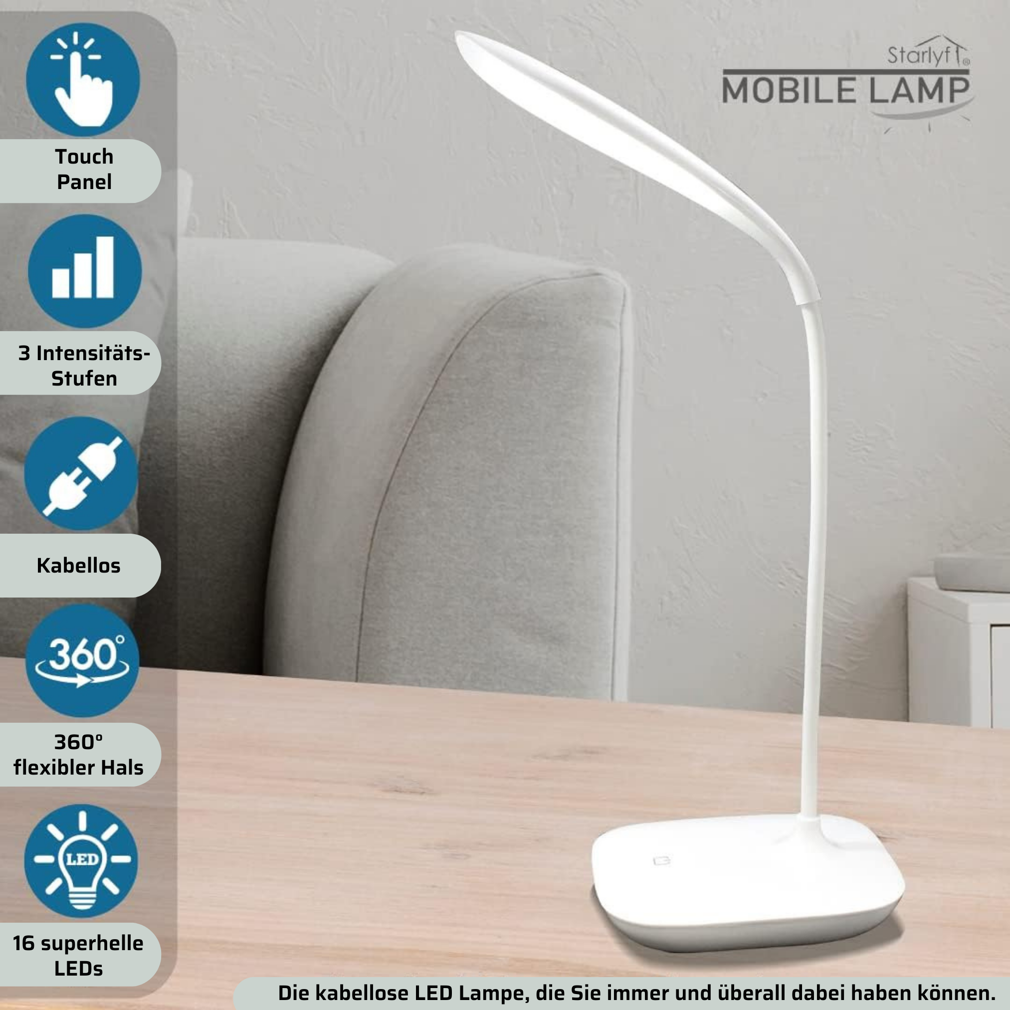 Lampada da scrivania a LED bianca con pannello tattile, 3 impostazioni di luce, collo flessibile a 360° e 16 LED.