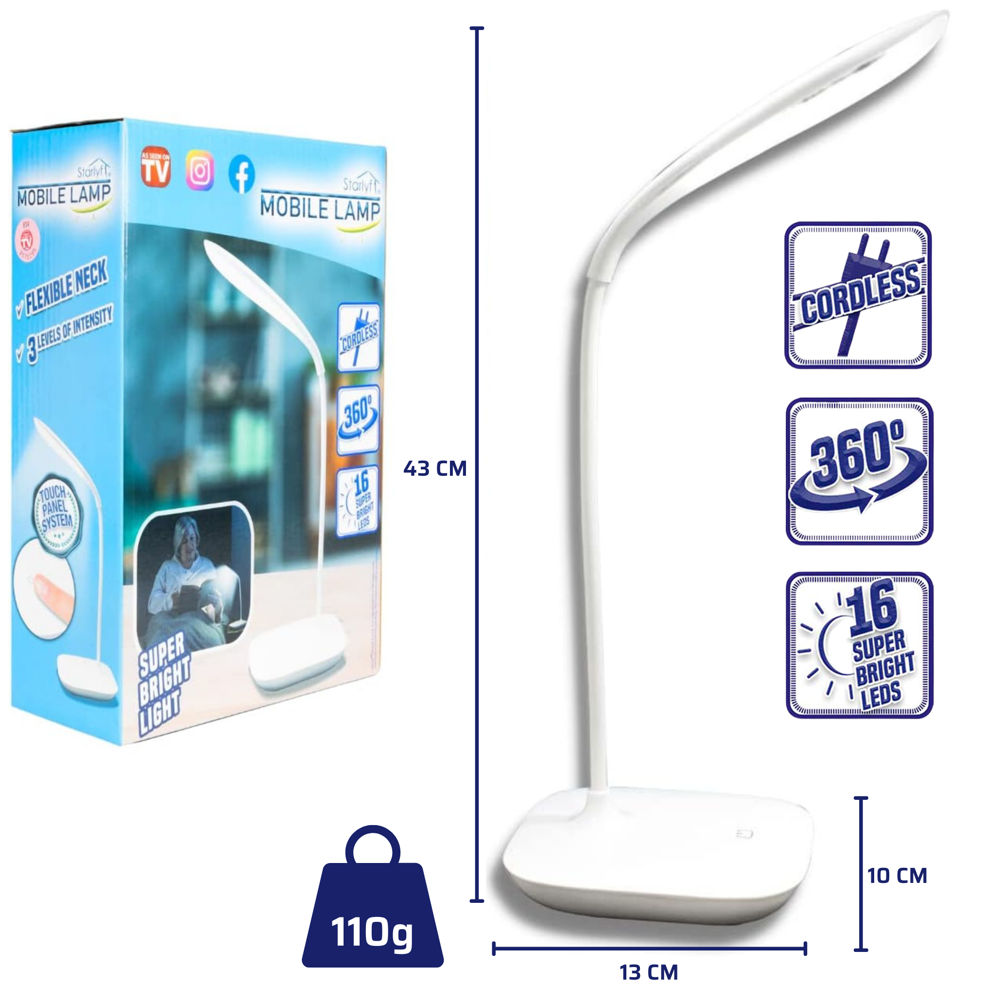Lampada da scrivania bianca con collo flessibile, cordless, 16 LED super luminosi. La scatola mostra la lampada e le sue caratteristiche.