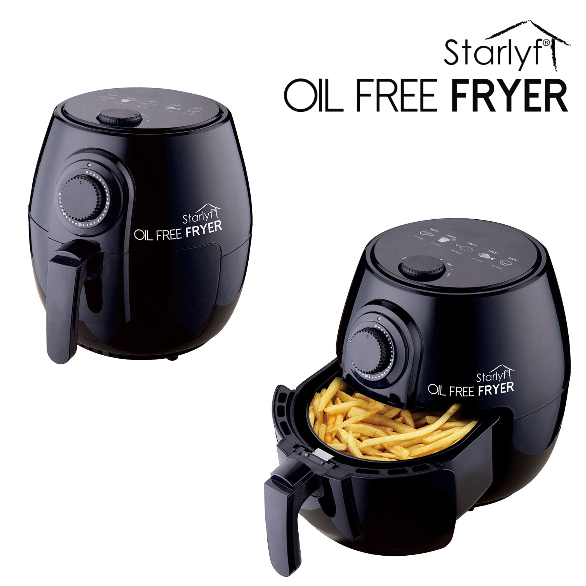 Friggitrice nera senza olio con manico e cestello. Un'altra friggitrice a sinistra, con patatine nel cestello.