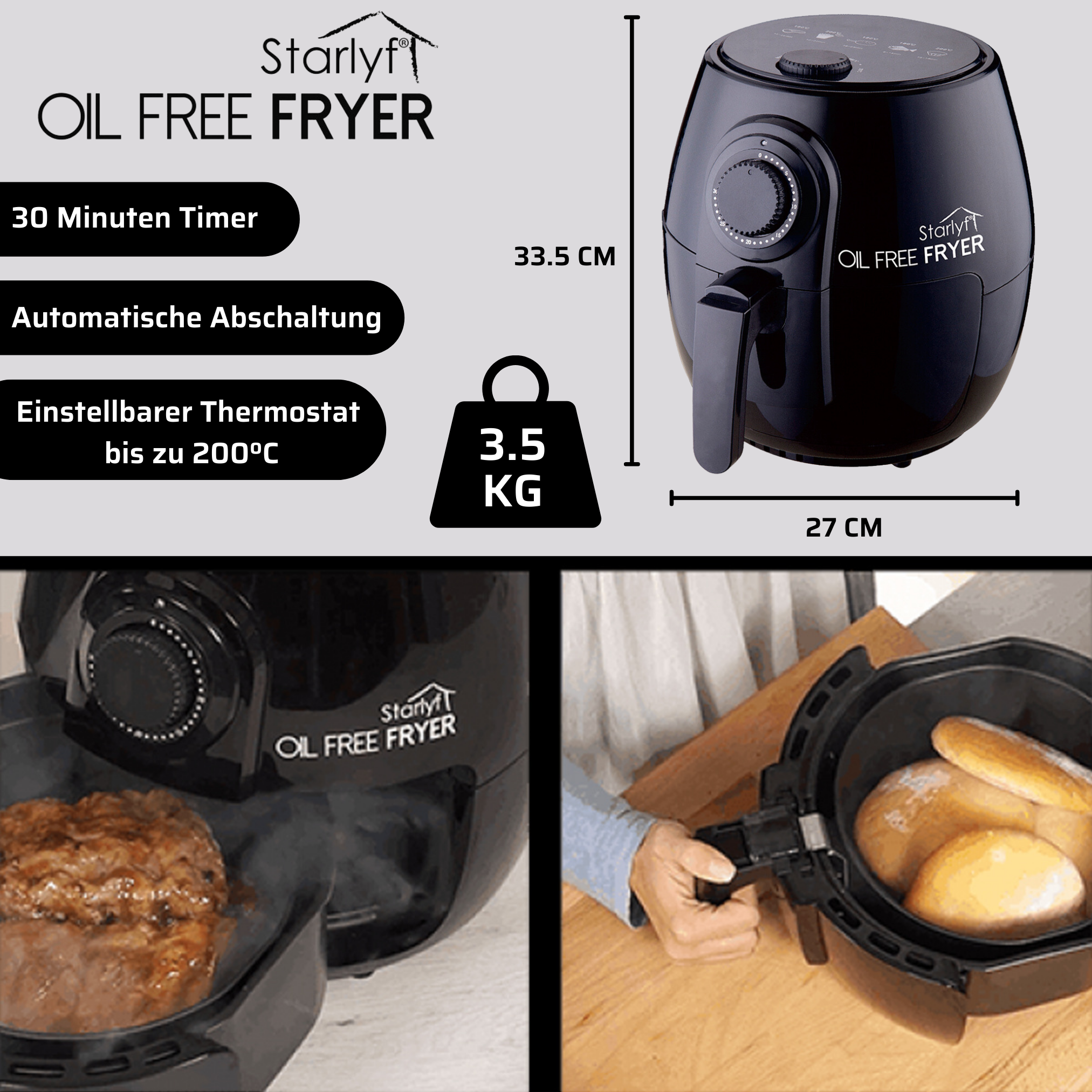 Friggitrice ad aria nera con etichette. Ha maniglia e cestello con cibo.