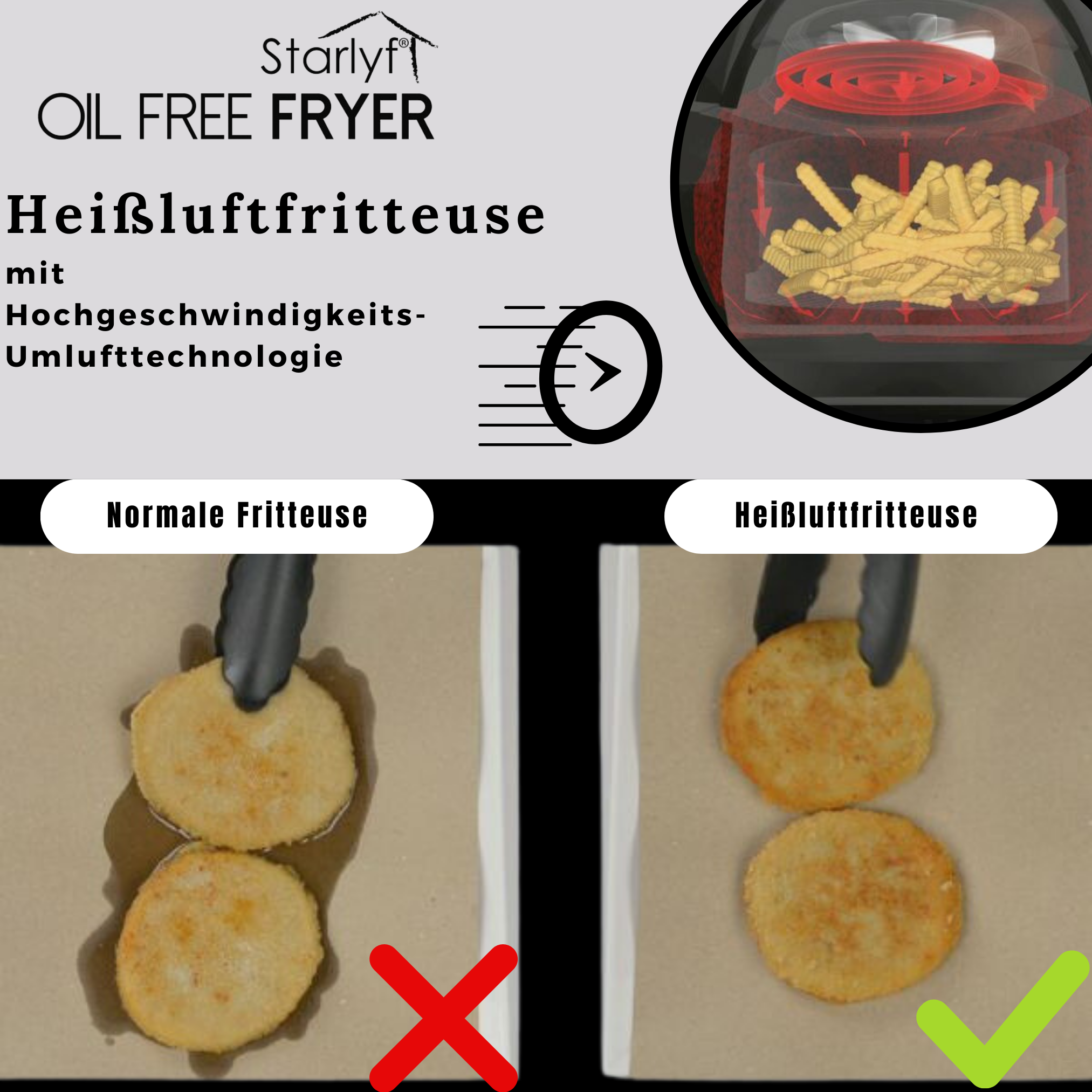 Una friggitrice senza olio che confronta metodi tradizionali e ad aria con cibo.