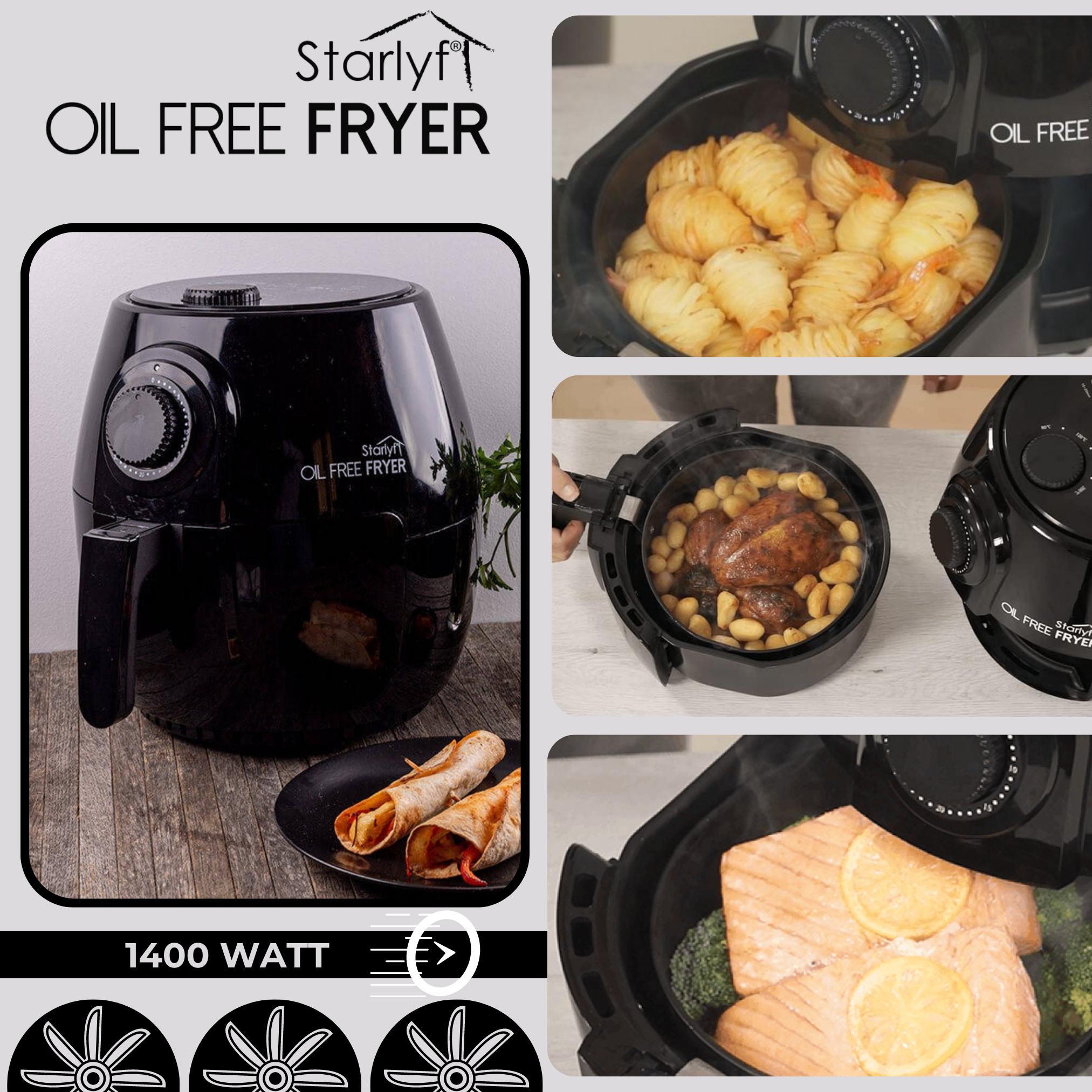 Friggitrice ad aria nera con cibo all'interno e illustrazioni di casi d'uso e funzioni.