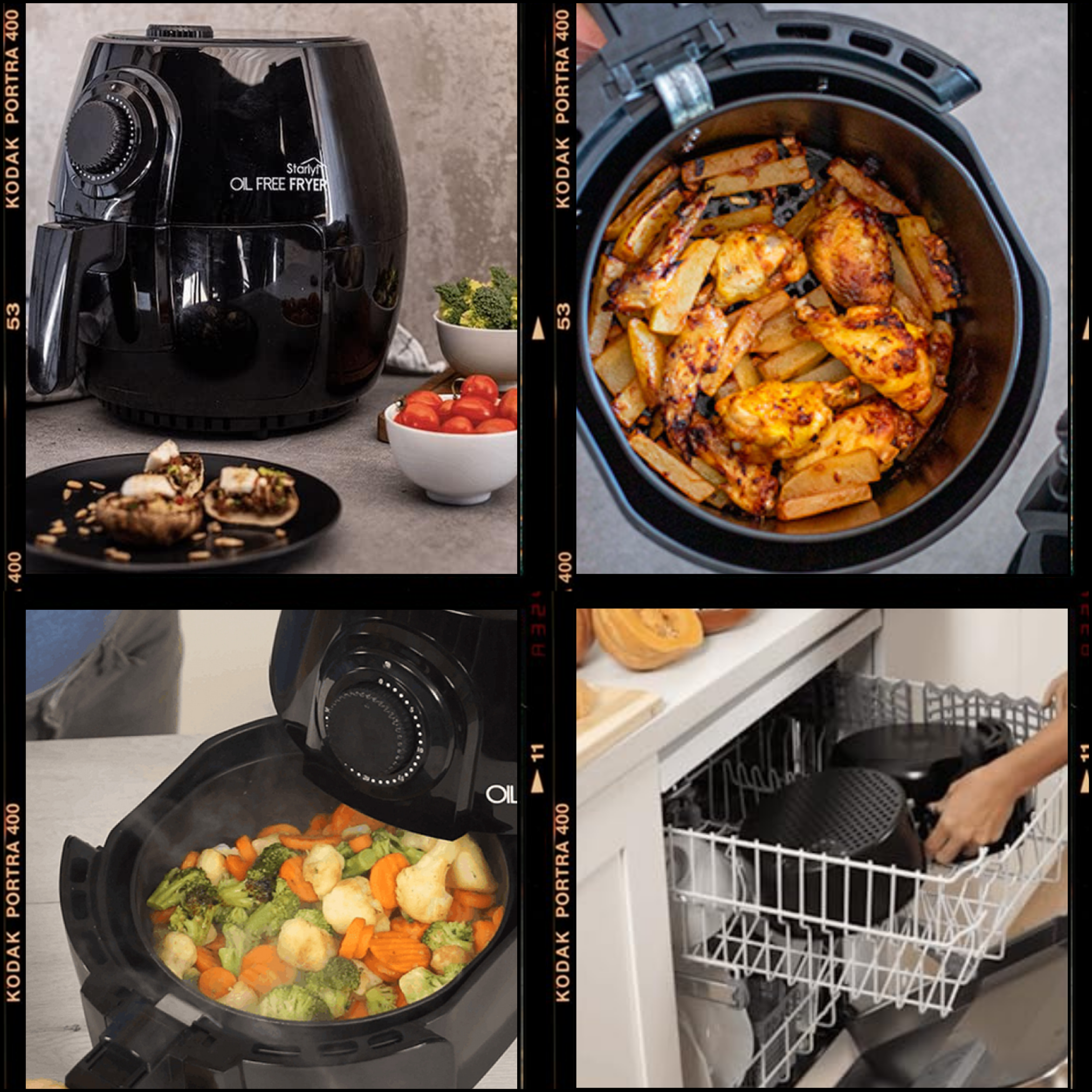 Collage di una friggitrice senza olio in uso, che mostra l'apparecchio, il cibo cotto e la pulizia.