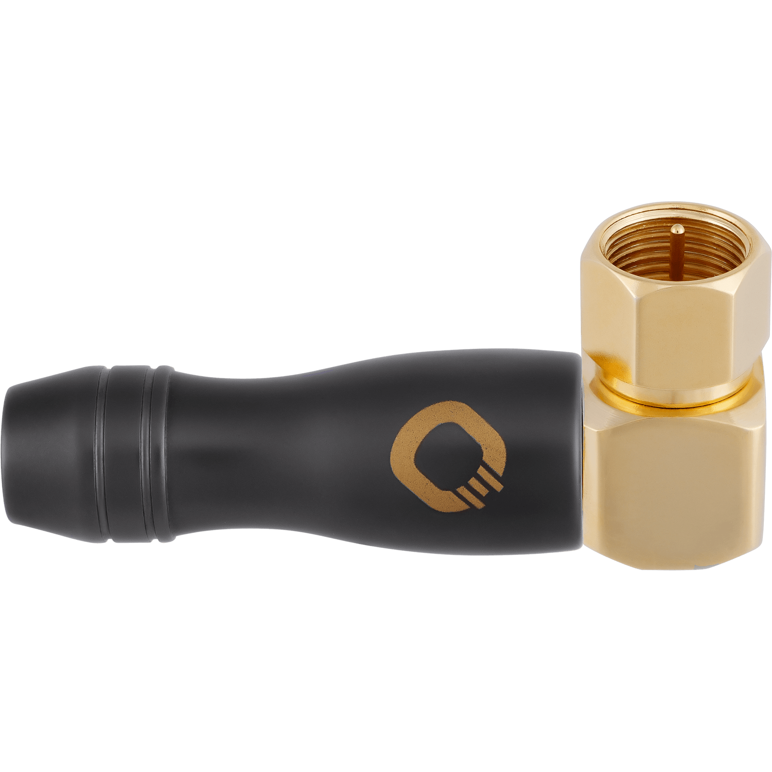 Ein schwarzer und goldener Adapter. Ein Ende ist ein Stecker, das andere ein Port mit Logo.