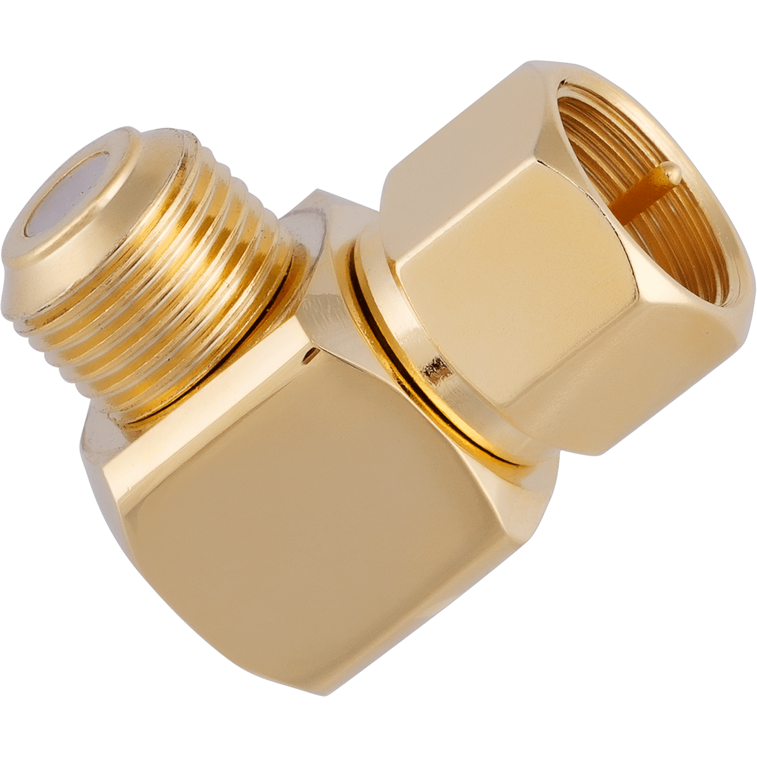 Goldfarbener, abgewinkelter Stecker mit Gewinde und sechseckigem Körper. Schwarzer Hintergrund.