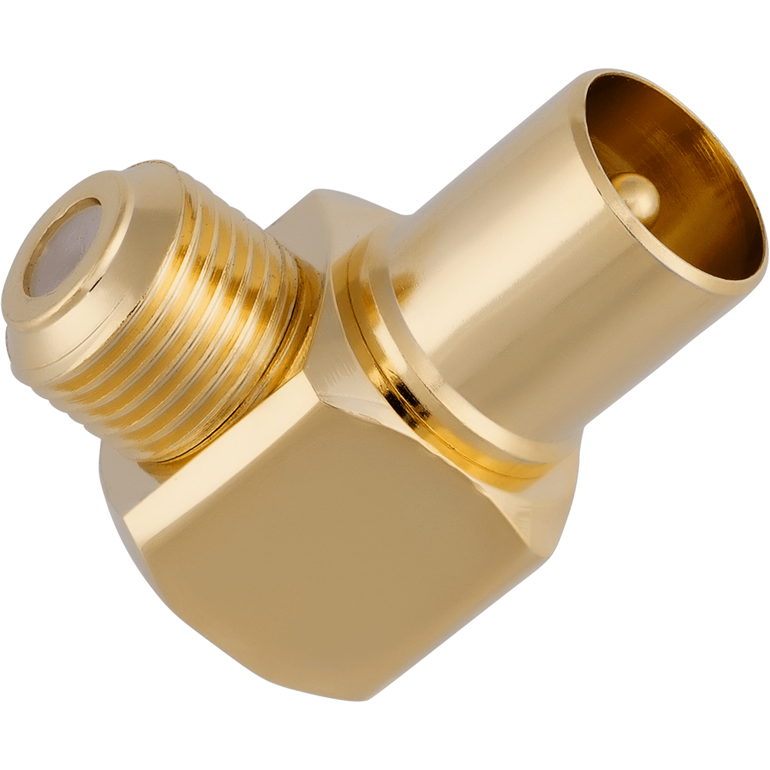 Goldfarbener abgewinkelter Stecker mit Schraubgewinden an einem Ende und einer zylindrischen Spitze am anderen.