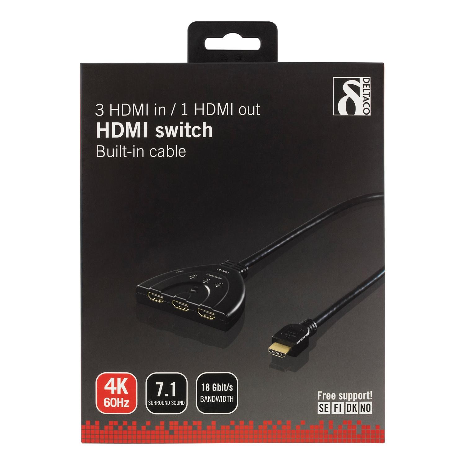 HDMI-Switch-Box mit eingebautem Kabel. Die Box ist schwarz mit weißem und rotem Text.