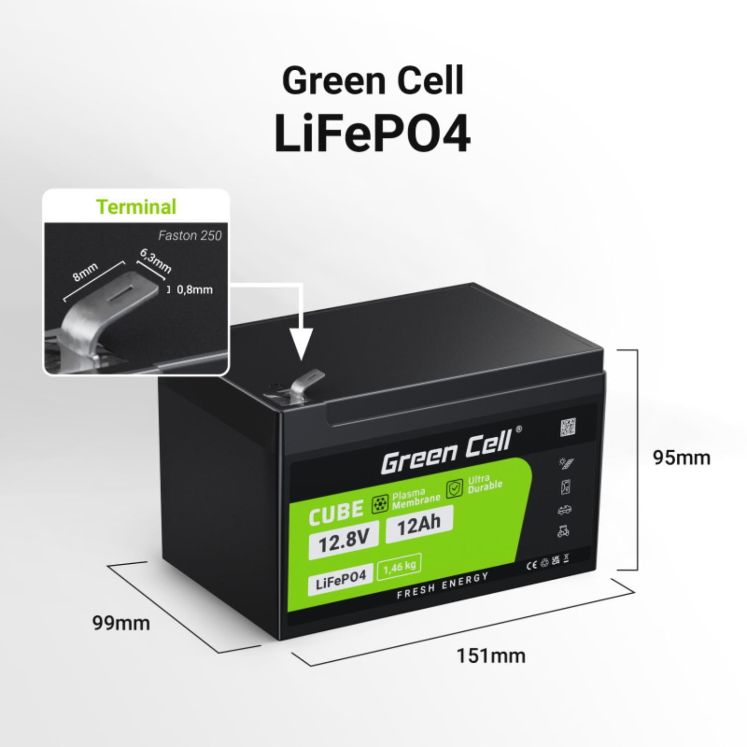 GREEN CELL LiFePO4 153,6Wh mAh Akku, 12 LiFePO4