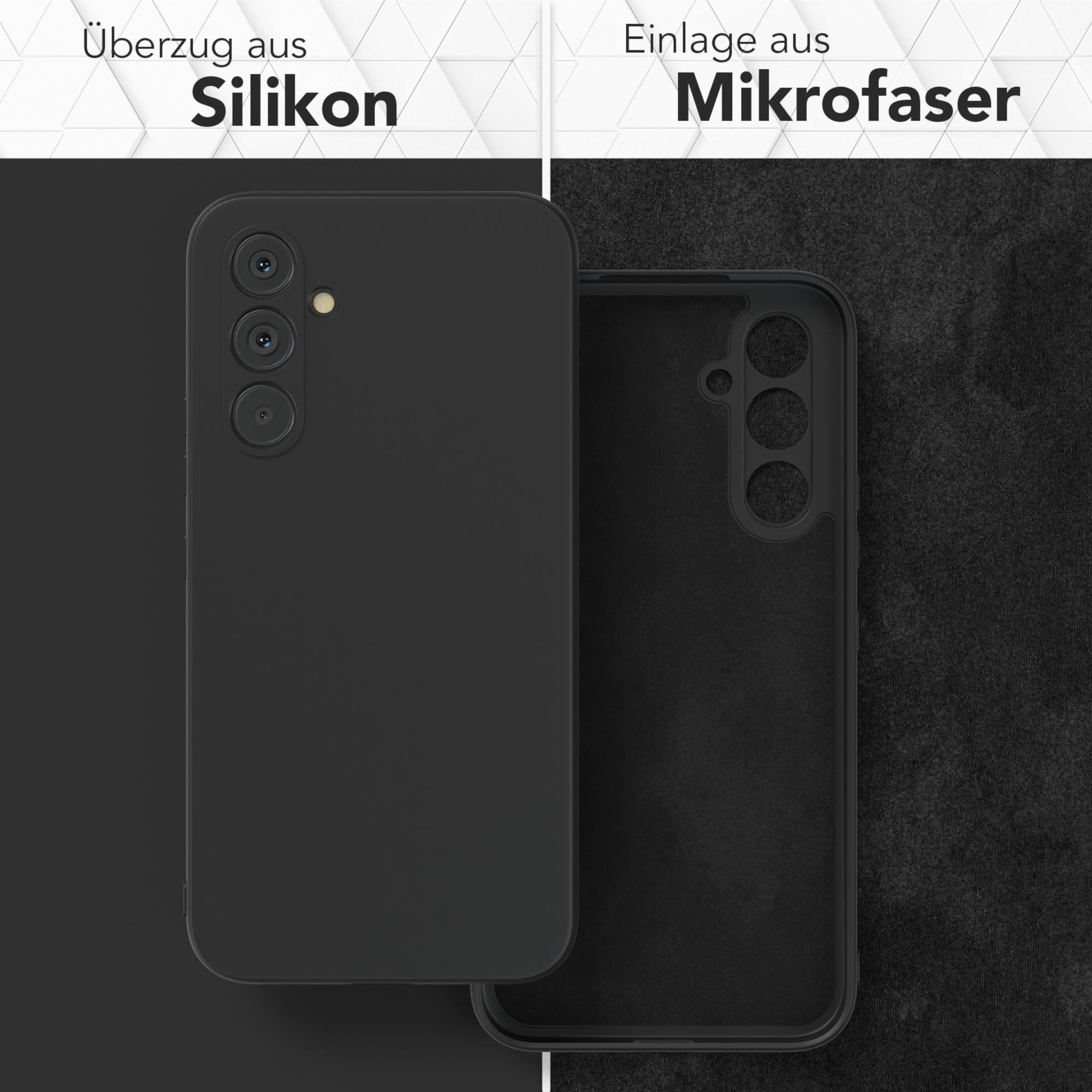 Zwei Handyhüllen. Eine zeigt die Innenseite aus Mikrofaser. Die andere aus Silikon.