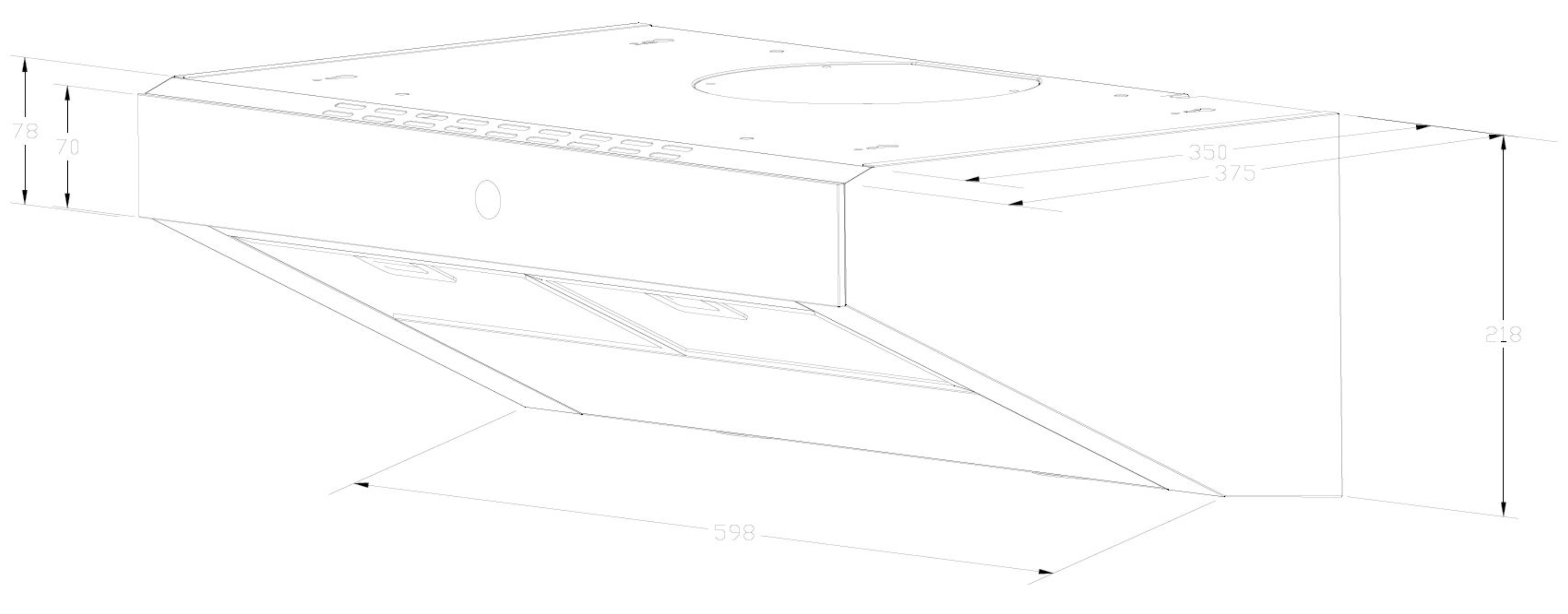 Technical drawing of a kitchen hood with dimensions. It shows the hood's outline and measurements.