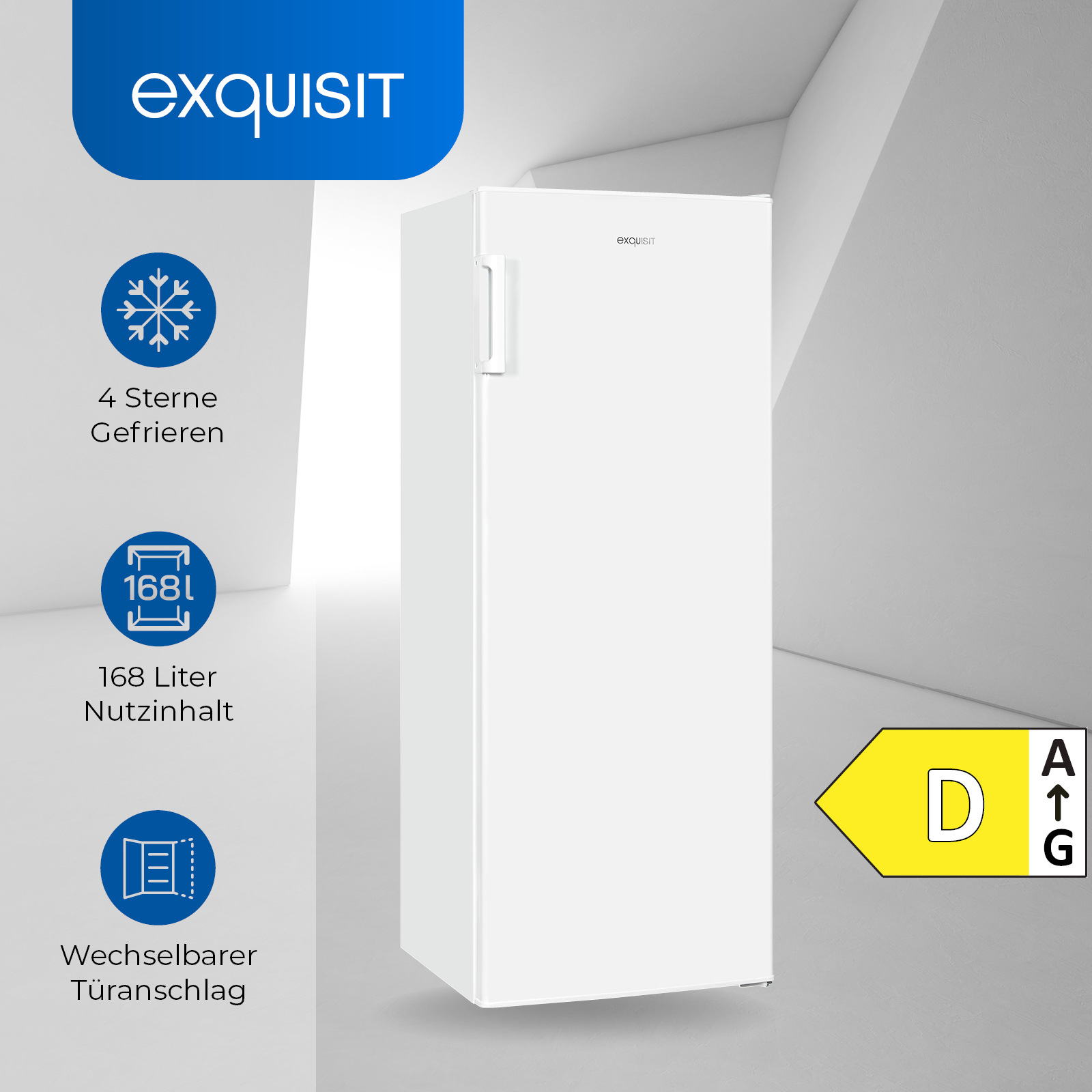 Refrigerador blanco con clasificación energética D. Tiene la palabra exquist. El fondo es blanco.