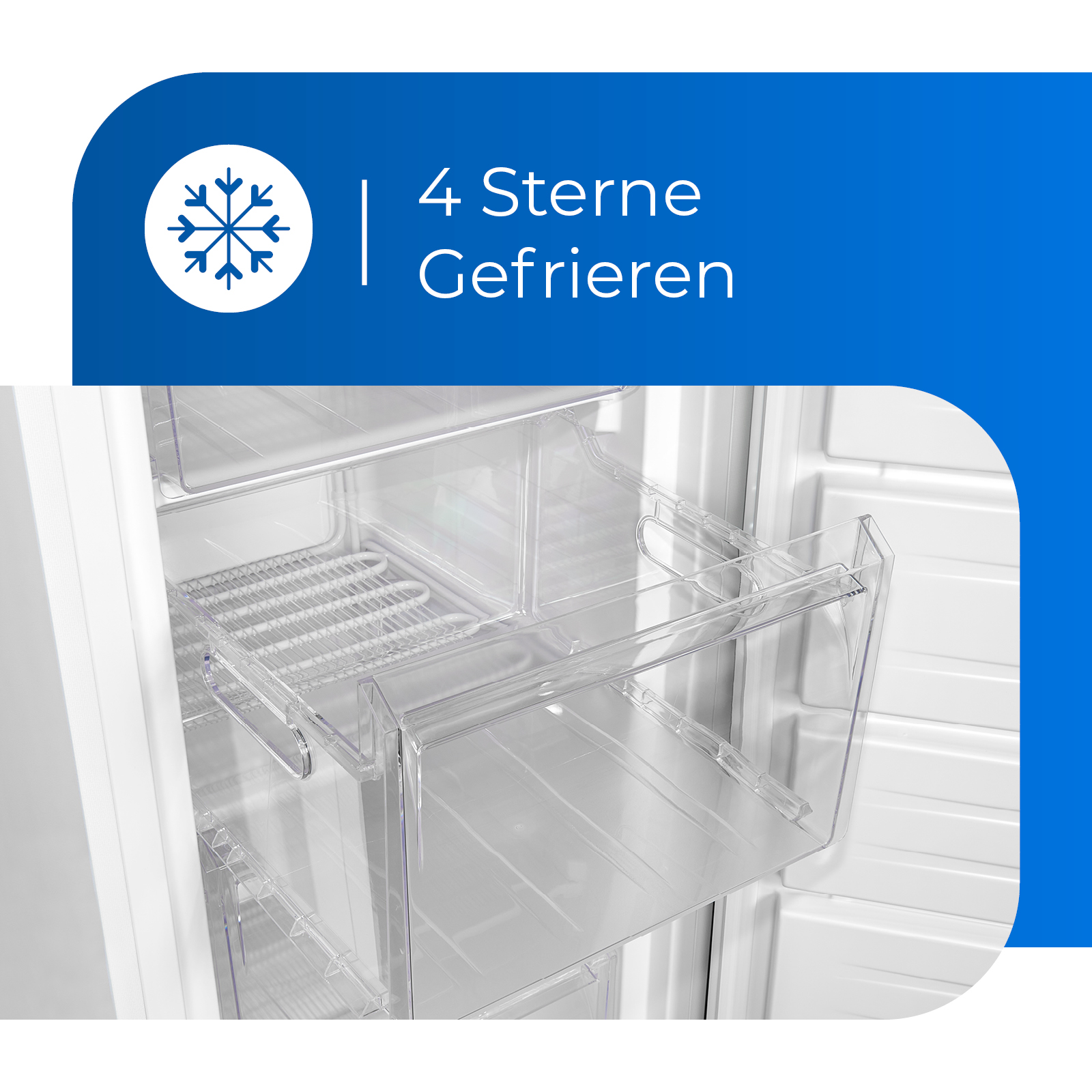Dentro de un frigorífico blanco, con cajones de plástico transparente. El texto dice "4 Sterne Gefrieren".