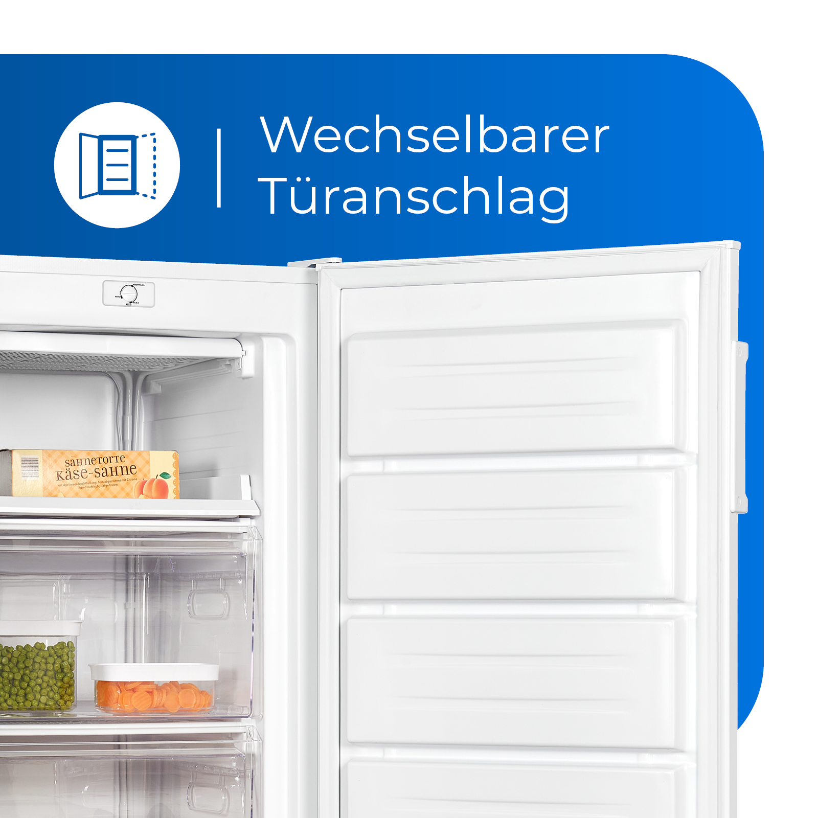 Refrigerador con puerta abierta, mostrando cajones con alimentos. Banner azul en la esquina.