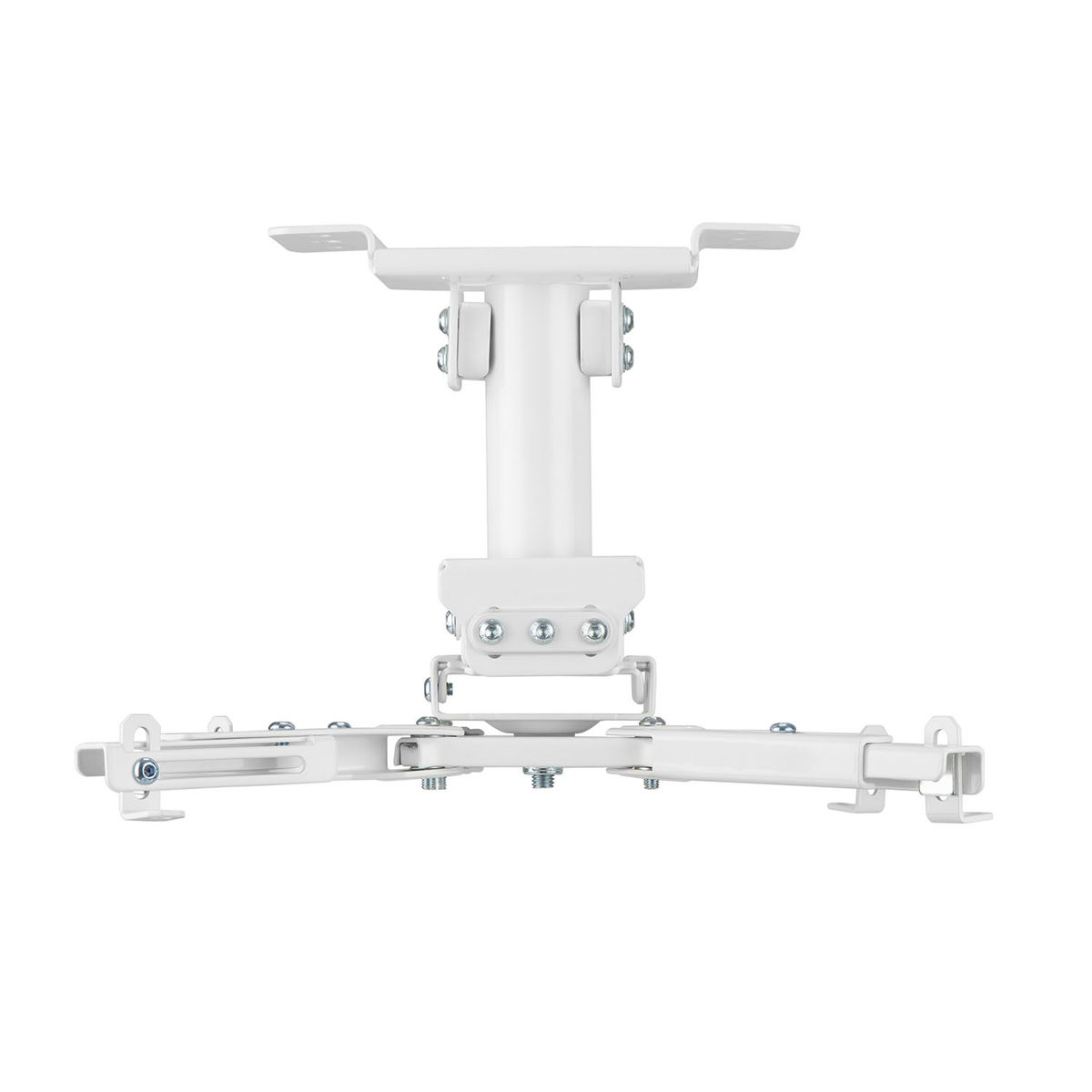 White projector mount. The mount is shown from the bottom. It is made of metal and has various mounting points.