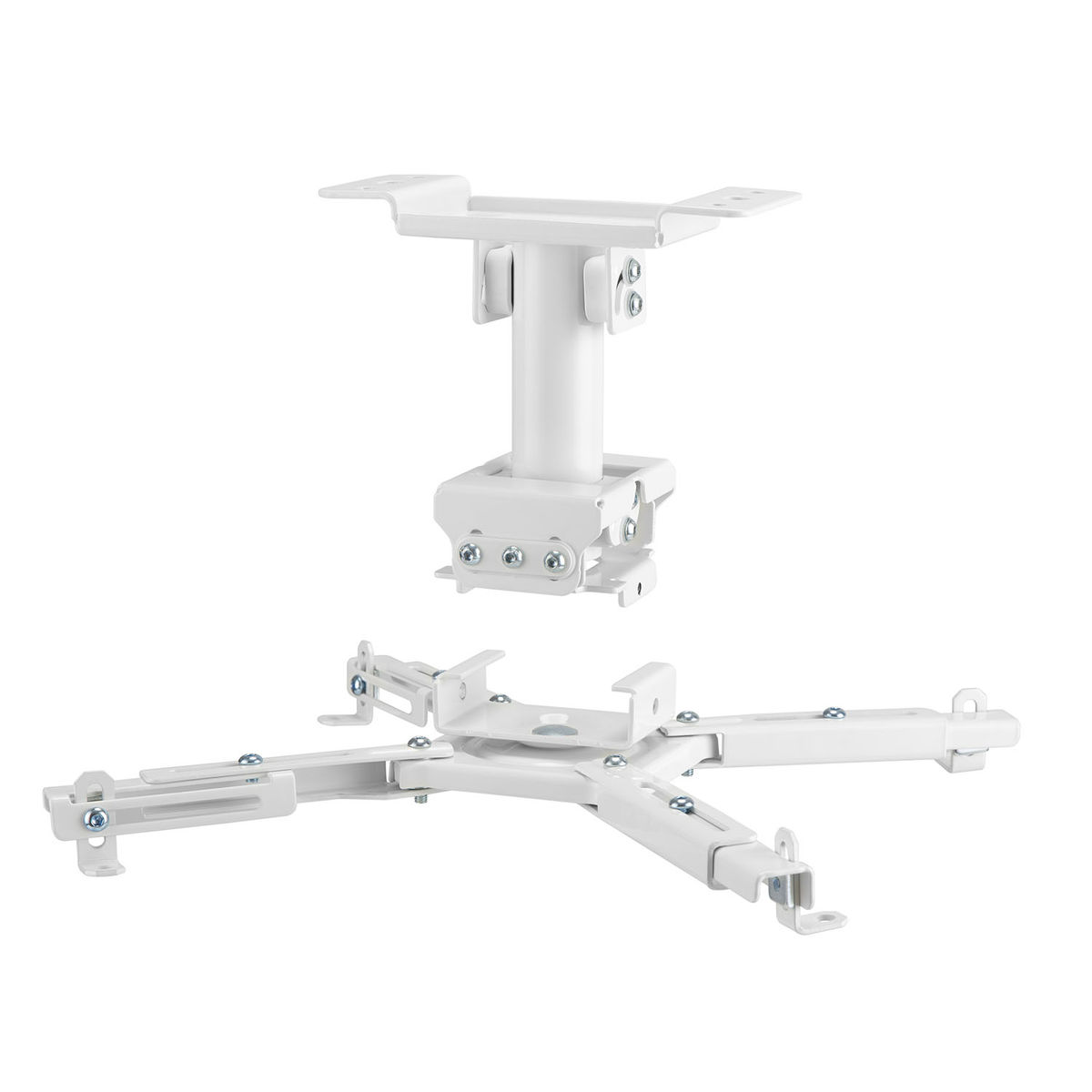 A white projector mount, with a base and an adjustable arm, designed for ceiling installation.