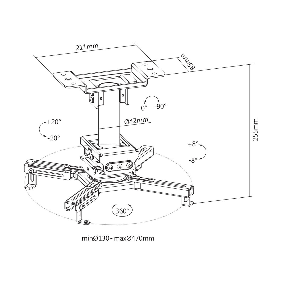 Projector mount with dimensions. Includes measurements of various angles and distances.