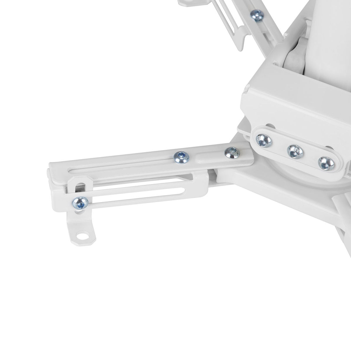 White projector mount with several screws visible, designed for ceiling installation.