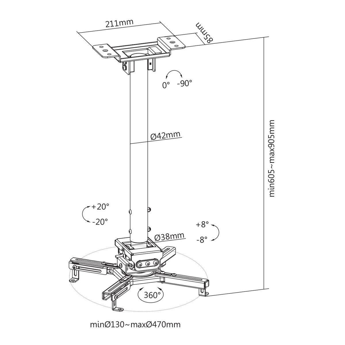 Technical diagram of a projector mount. Shows dimensions and degrees of rotation. Black and white, with annotations.