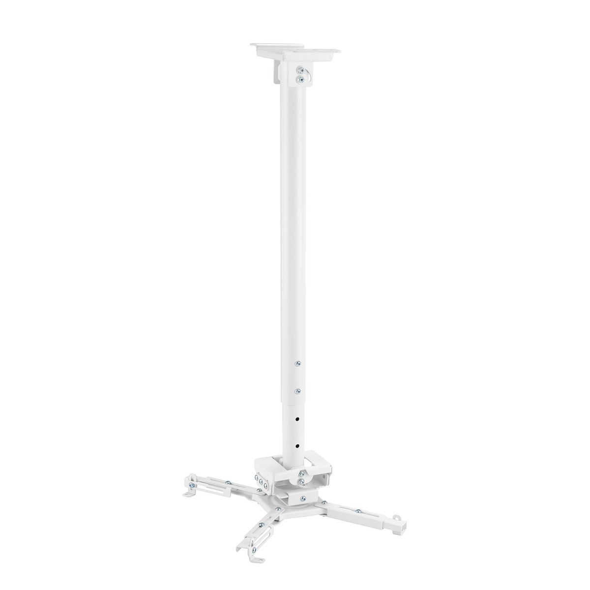 A white projector mount suspended from the ceiling. It has adjustable arms and a long pole.