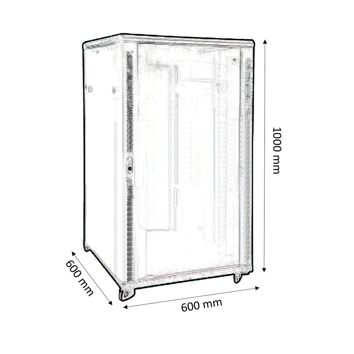 Schizzo di un cabinet rack server con dimensioni etichettate.