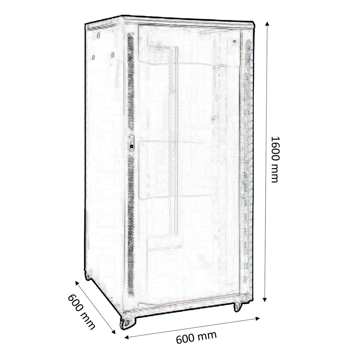 Un armadio grigio con dimensioni 600mm x 600mm x 1600mm. Ruote visibili in basso.