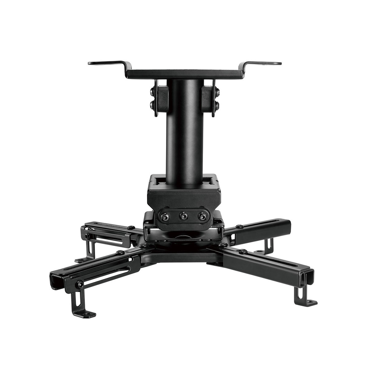 Black projector mount with multiple adjustable arms and mounting points.