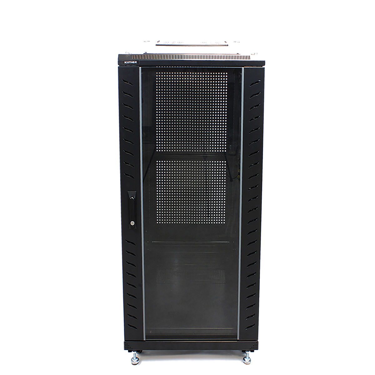 Rack server nero con porta a vetro, componenti interni visibili, su sfondo bianco.