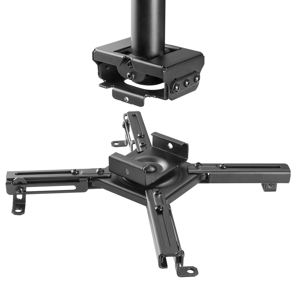 A black projector mount, top and bottom, with multiple adjustable arms.