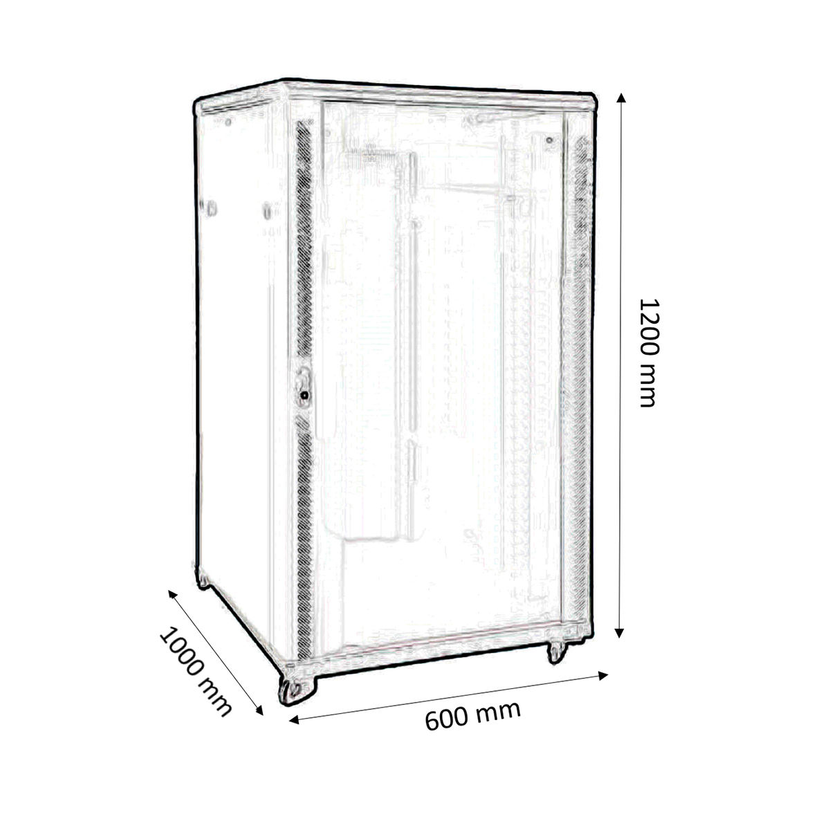 Contorno disegnato di un armadio server nero con dimensioni. Forma rettangolare con porte.